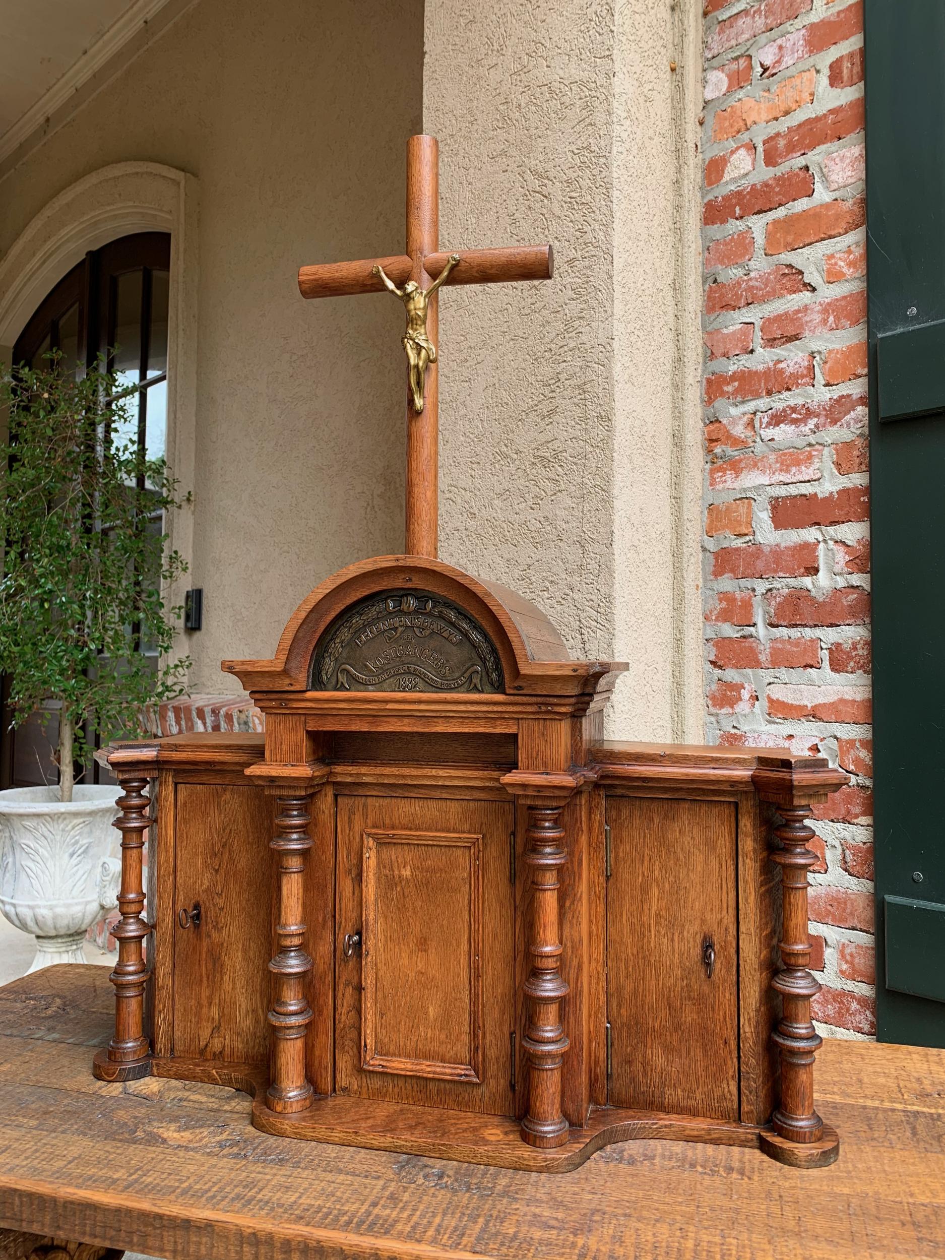 Dutch Colonial Antique European Reliquary Altar Cabinet Oak Box Liturgical 19th Century Belgium