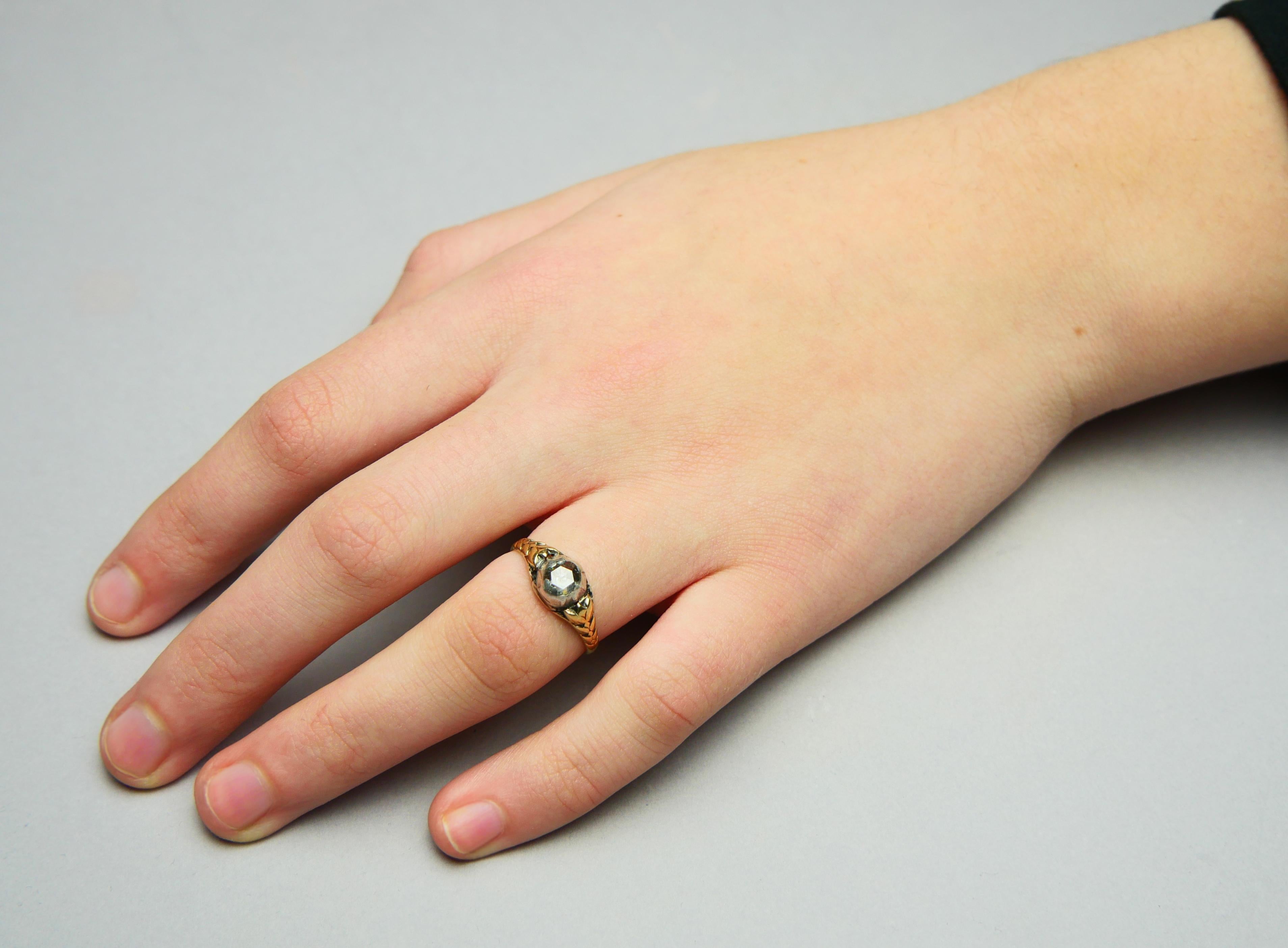 Anillo Europeo Antiguo 1 ct Diamante macizo Oro 18K Plata Ø 6,25 US /2,7gr en venta 1