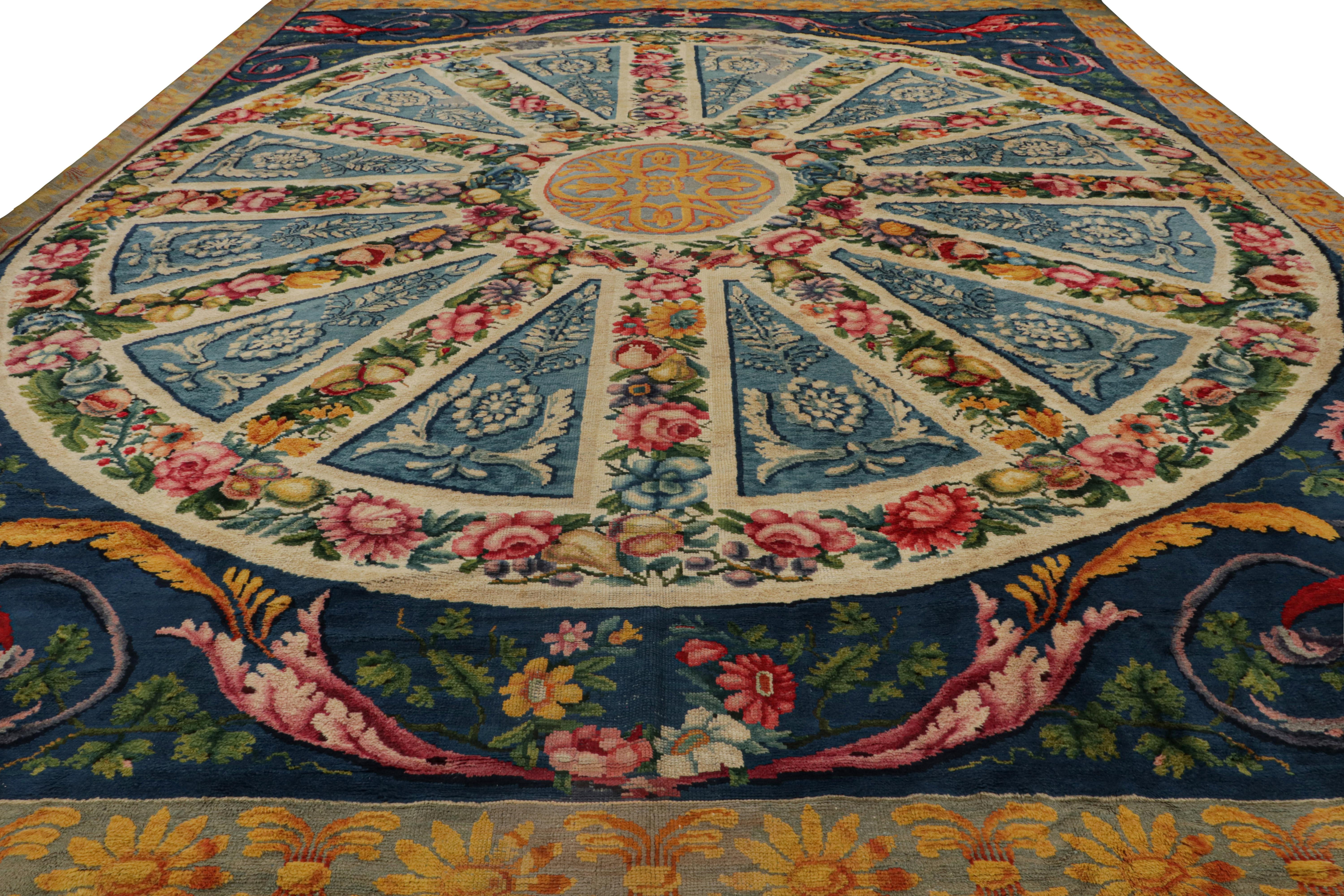 Aubusson Antique European Rug in Blue, with Floral Patterns For Sale