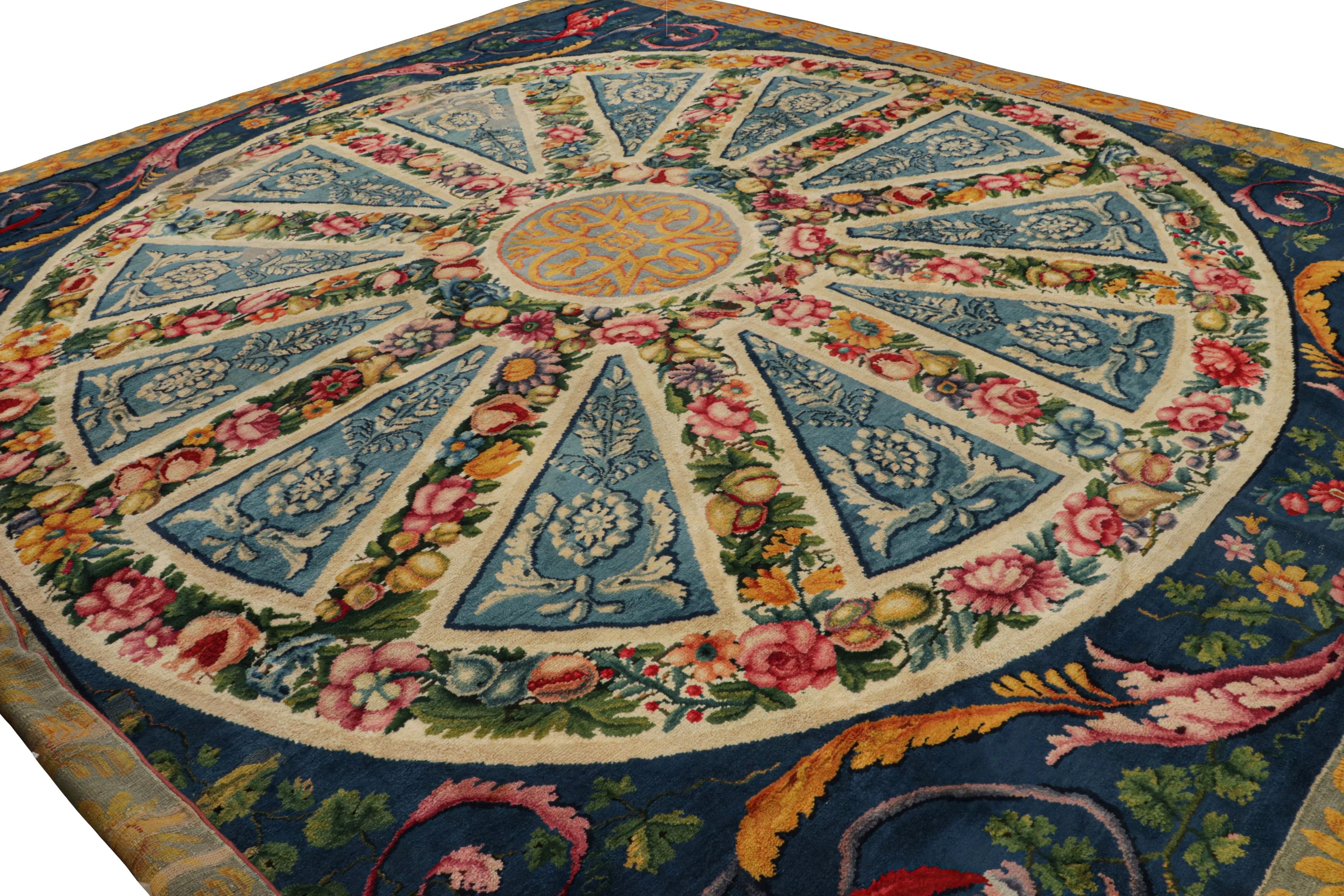Spanish Antique European Rug in Blue, with Floral Patterns For Sale