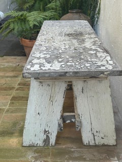 Antique European Rustic Painted Wood Garden Bench with Original Weathered Patina