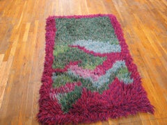1950s Multi Abstract Modern Vintage Swedish Rya Carpet 3'3"x5'4" Knotted WoolRug