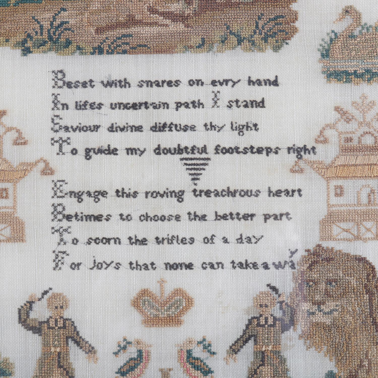 Antique European needlework sampler features hymn by Philip Doddridge, figures, structures, animals, floral and foliate elements, deaccessioned from The Strong Museum in Rochester, NY (strong museum):
