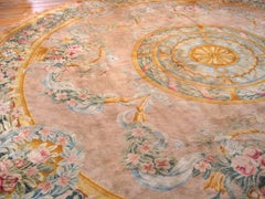 1900s Rose Pink Floral Basket French Round Savonnerie Carpet 20' Round Wool Rug