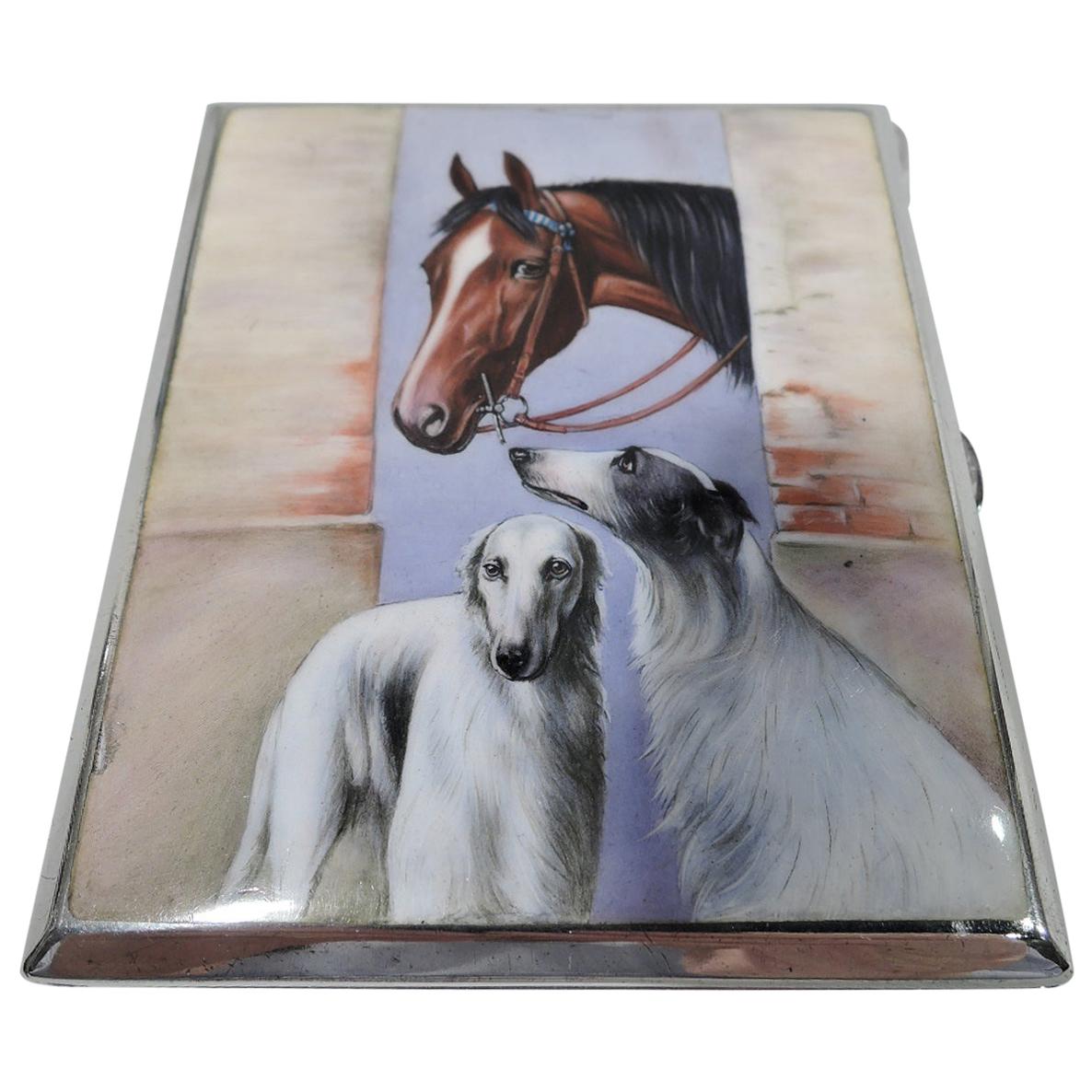 Antikes europäisches Silber- und Emaille-Pferdetui mit Borzoi- Hunden