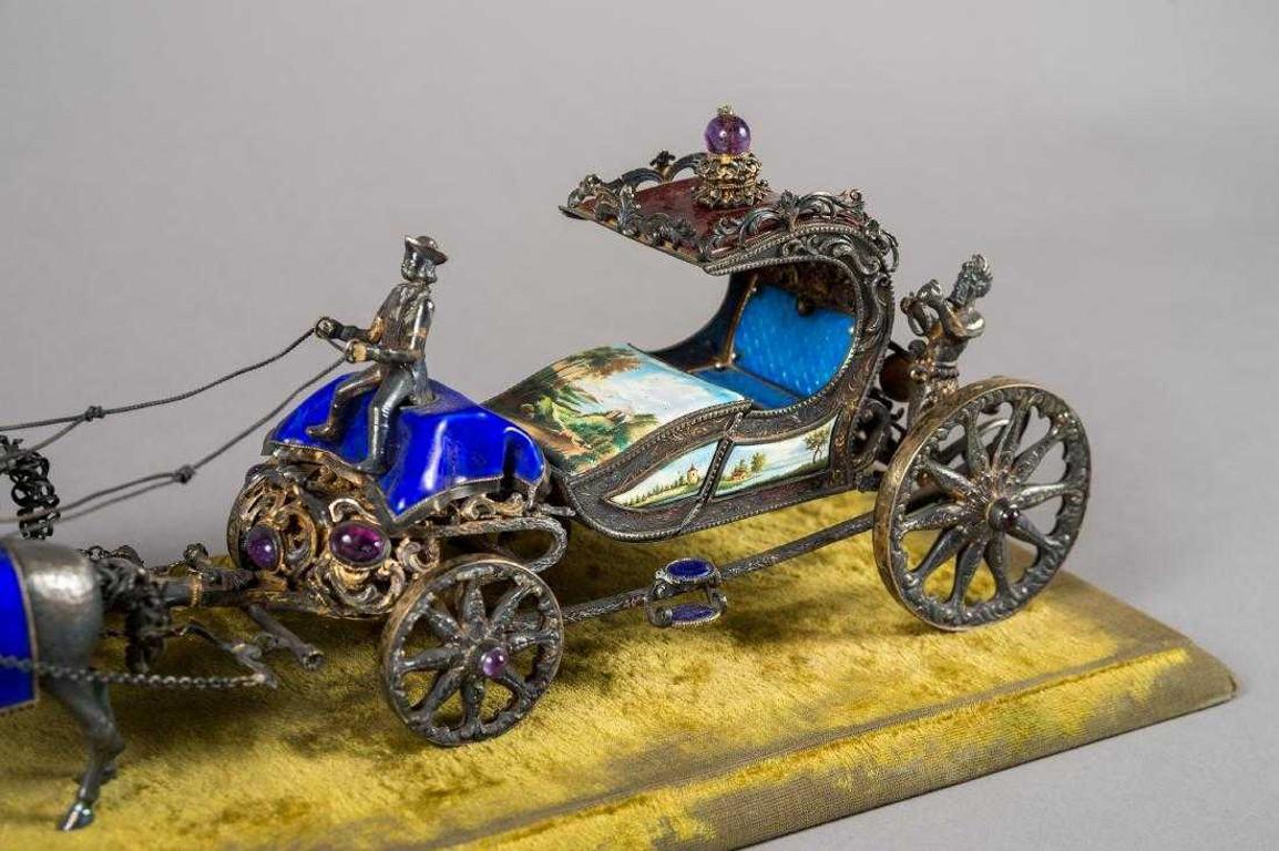 Other Antique European Silver and Enamel Horses with Carriage Figurine For Sale
