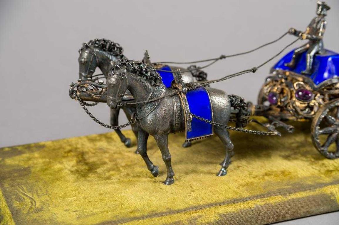 Italian Antique European Silver and Enamel Horses with Carriage Figurine For Sale