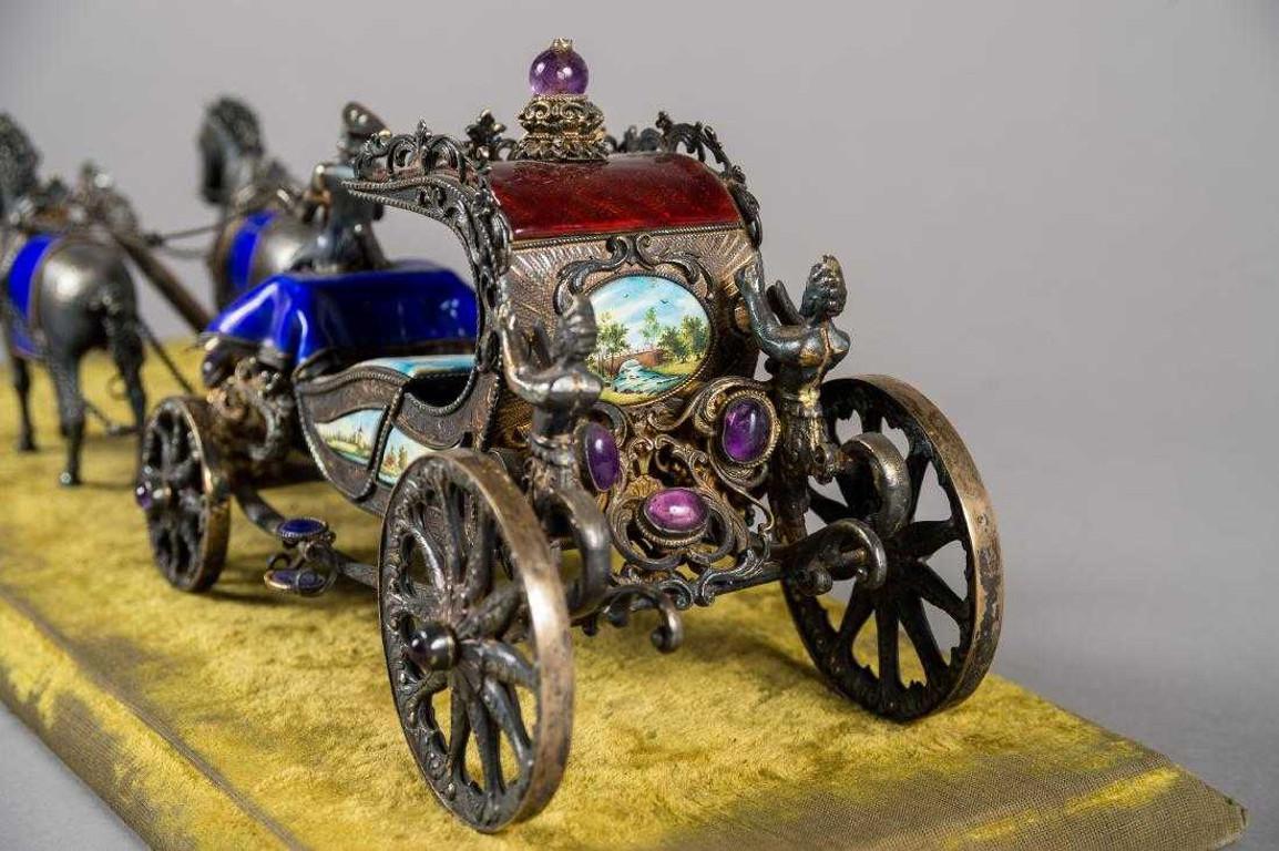 Antique European Silver and Enamel Horses with Carriage Figurine In Good Condition For Sale In Pasadena, CA