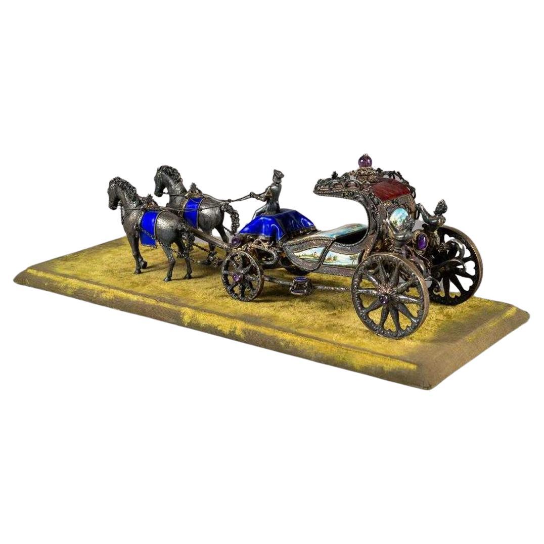 Antique European Silver and Enamel Horses with Carriage Figurine For Sale