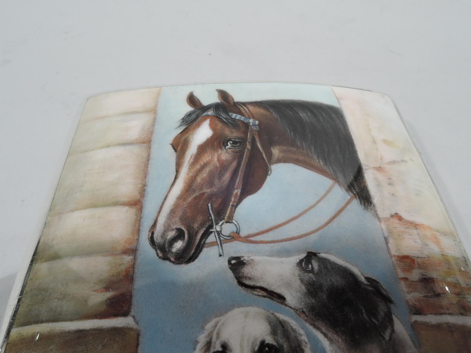 European silver and enamel cigarette case, ca 1920. Rectangular, curved, and hinged. On cover, a horse’s head appears in an entryway, with two protective borzoi dogs standing guard. Stable drama against a semi-abstract background of brick and stone,
