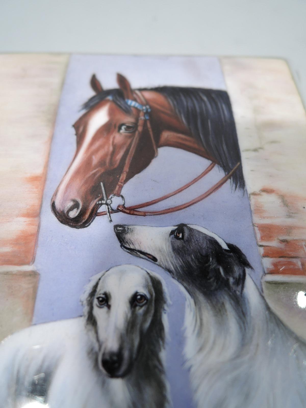 European silver and enamel cigarette case, ca 1920. Rectangular, chamfered, and hinged. On cover, a horse's head appears in an entryway, with two protective borzoi dogs standing guard. Stable drama against a semi-abstract background of brick and