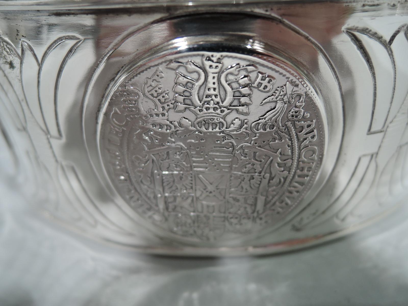 Antique European Silver Keepsake Box with Coins and Medallions In Good Condition In New York, NY