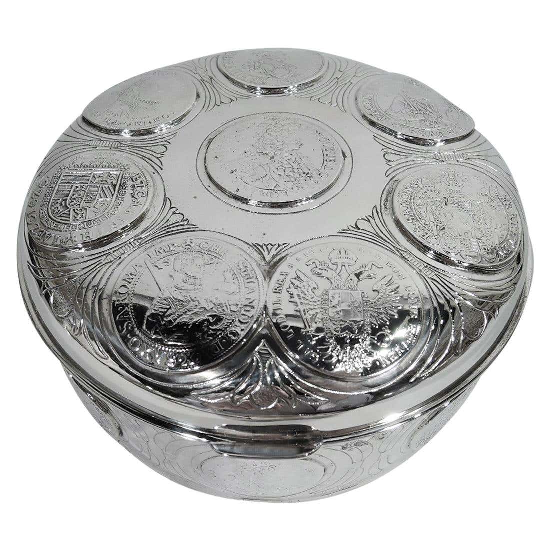Antique European Silver Keepsake Box with Coins and Medallions For Sale ...