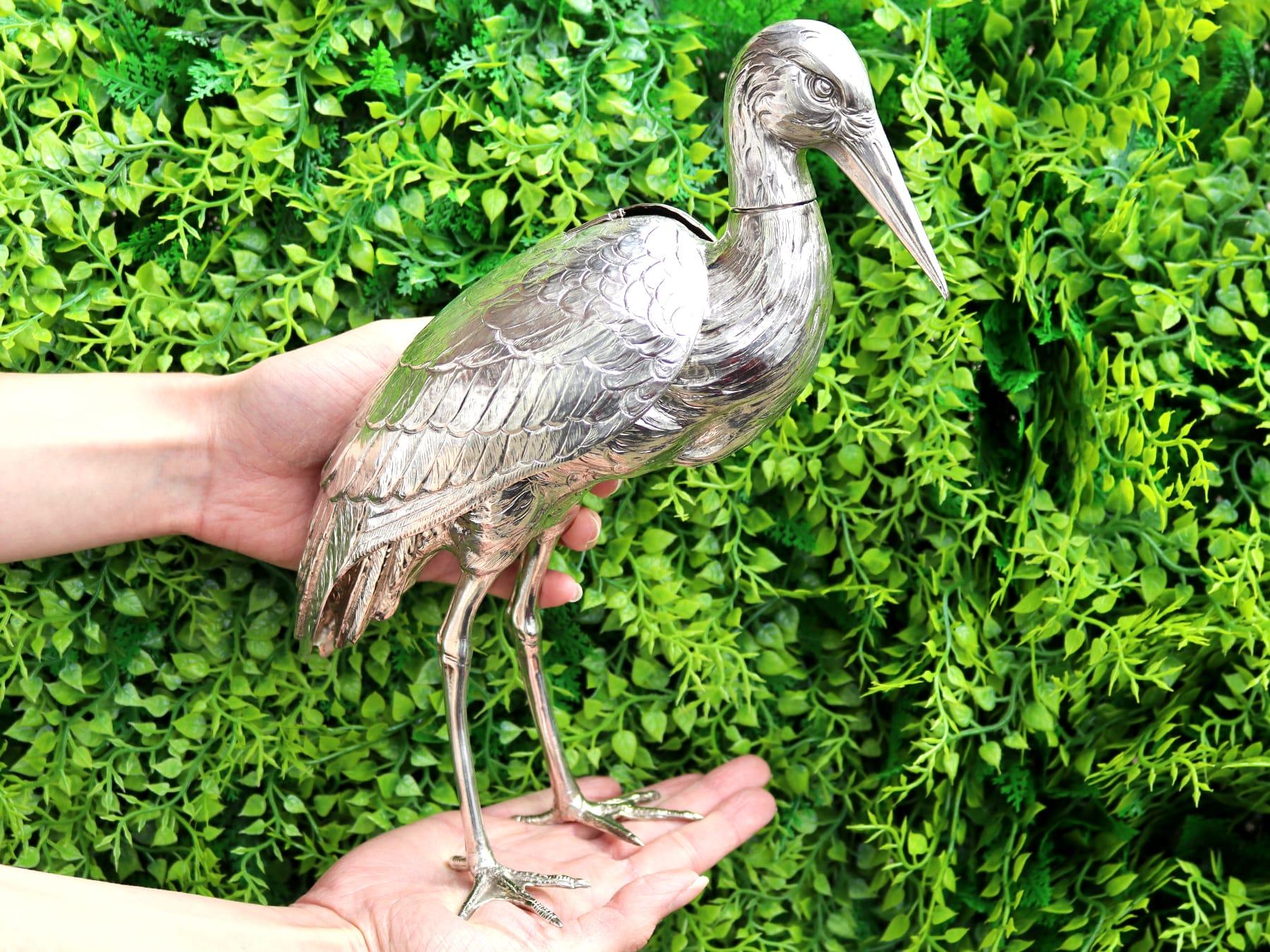 An exceptional, fine and impressive antique European silver sugar box modelled in the form of a stork; part of our collection of silver bird sugar boxes

This exceptional, fine and impressive antique cast 800 standard silver sugar box has been