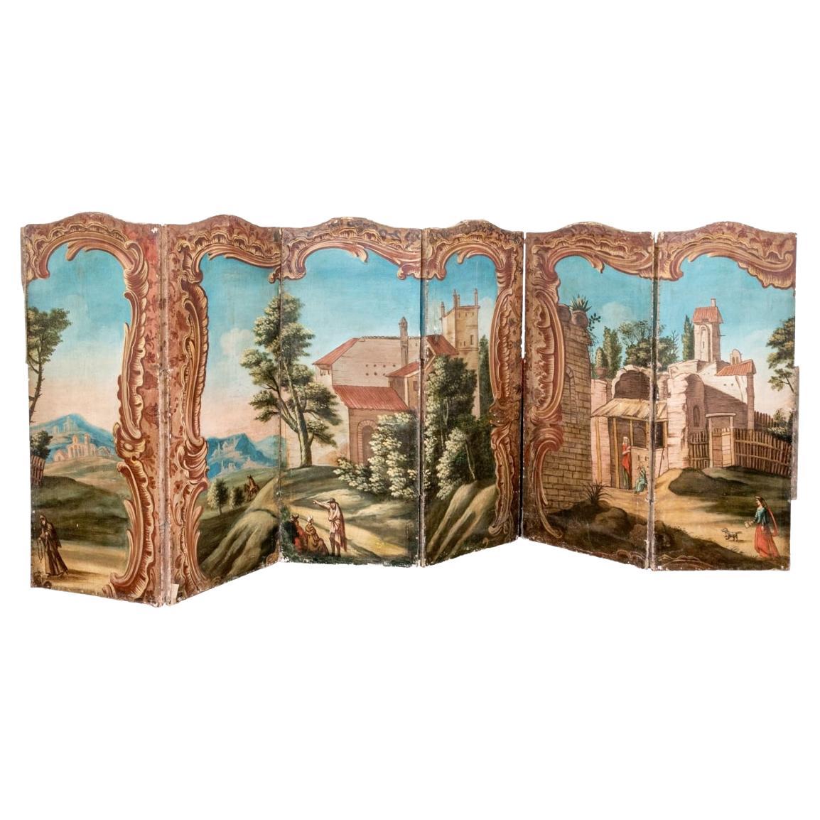 Antique European Six Panel Hand Painted  Landscape Canvas For Restoration