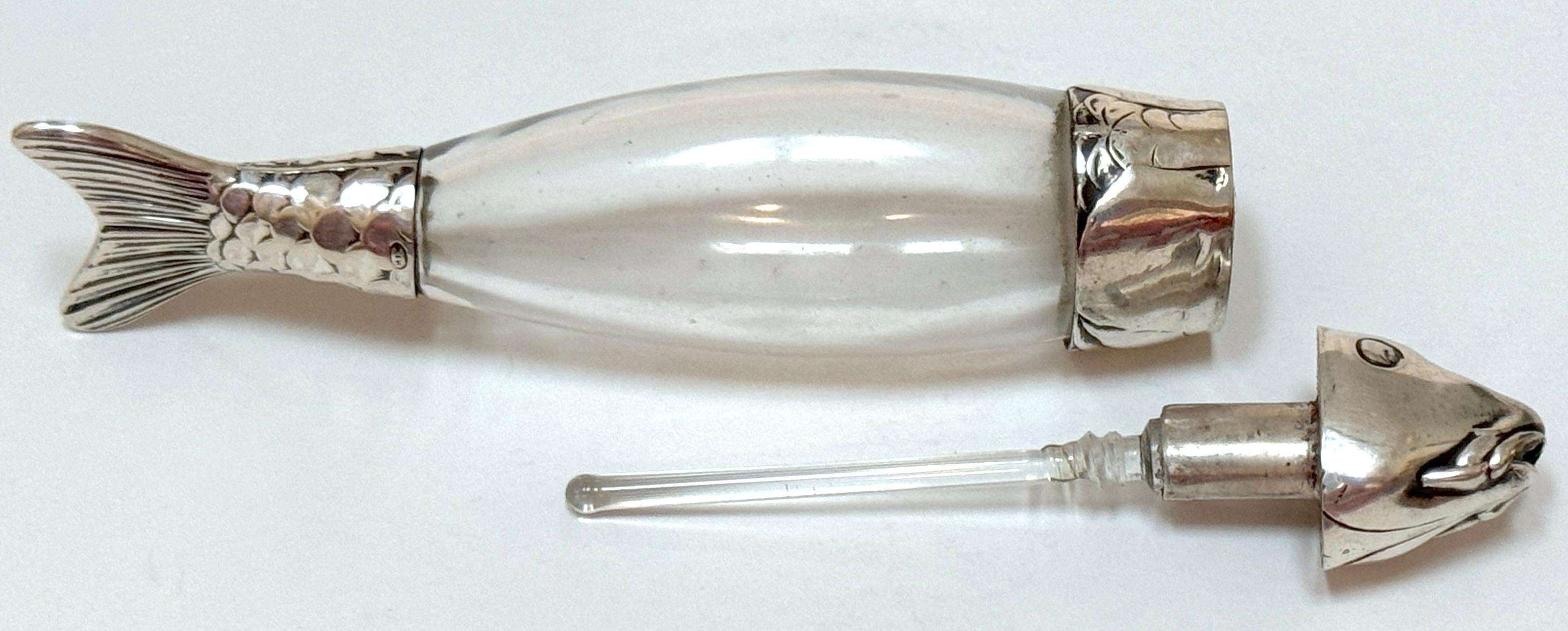 20th Century Antique European Sterling & Crystal Figural Fish Perfume Bottle