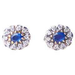 Clous d'oreilles européens anciens halo de saphirs, diamants et or massif 18 carats 3,3 g