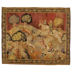Vintage European Tapestry with Medieval Hunting Scene, Antique Wall Hanging