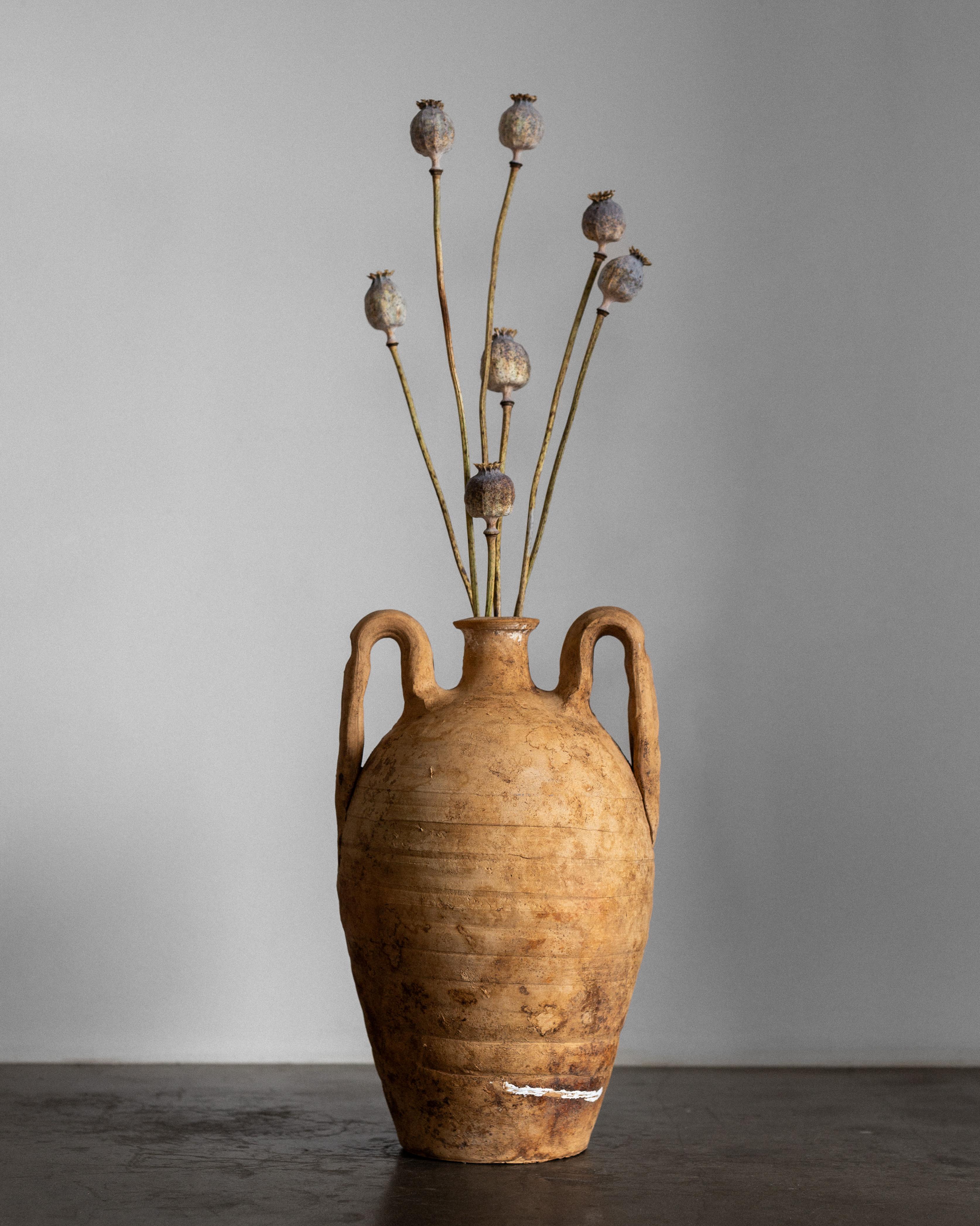 Ánfora europea de terracota, principios del siglo XX, con diseño clásico de dos asas y artesanía tradicional mediterránea. Magistrales técnicas de alfarería hecha a mano con sus armoniosas proporciones: una elegante forma alargada que se estrecha