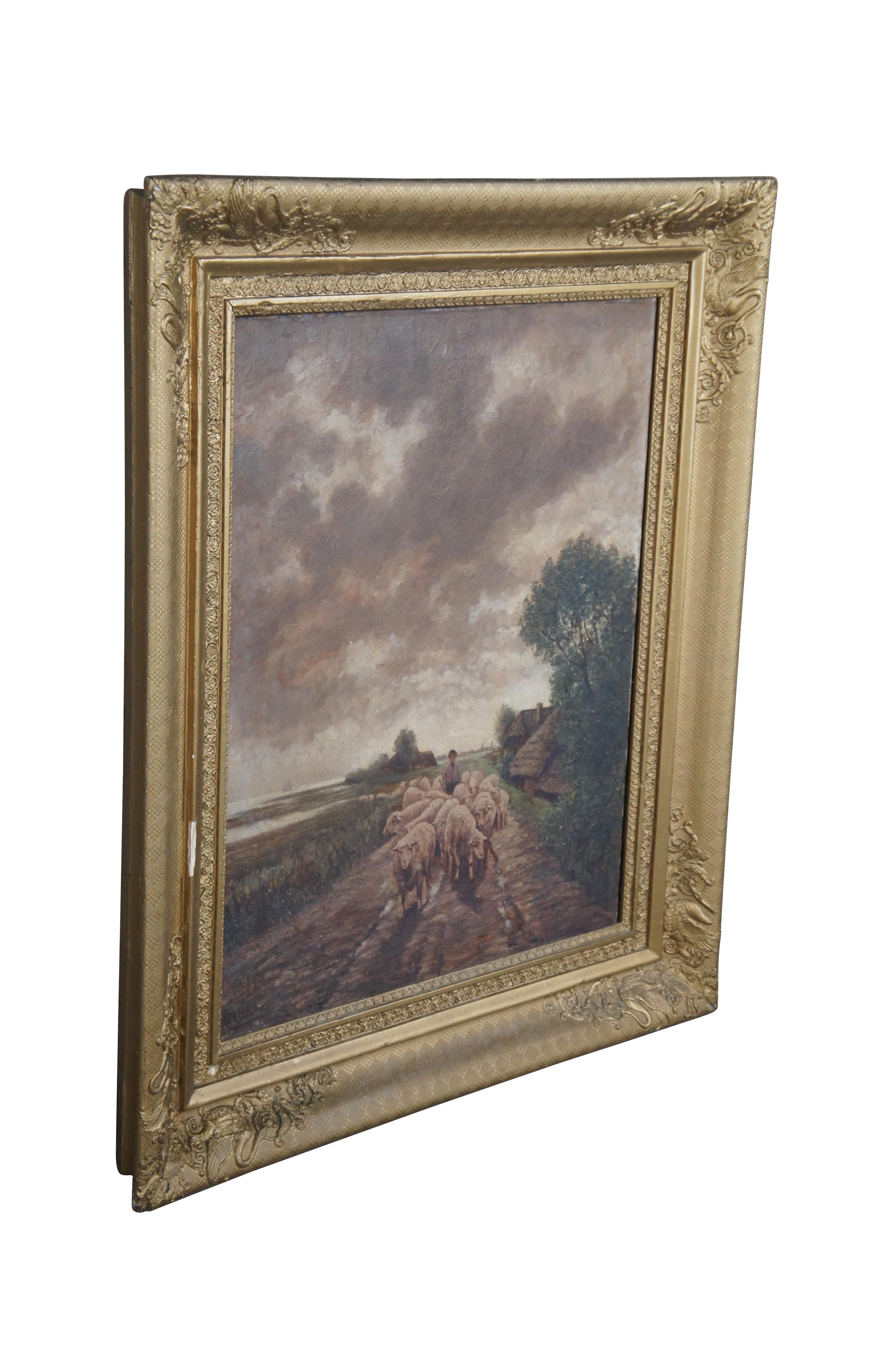 A large antique late 19th Century oil painting featuring a flock of sheep and their Drover in the countryside. The painting appears to be Danish / Dutch school. Features intricate detail and lifelike color. Framed in wood with a gold finish