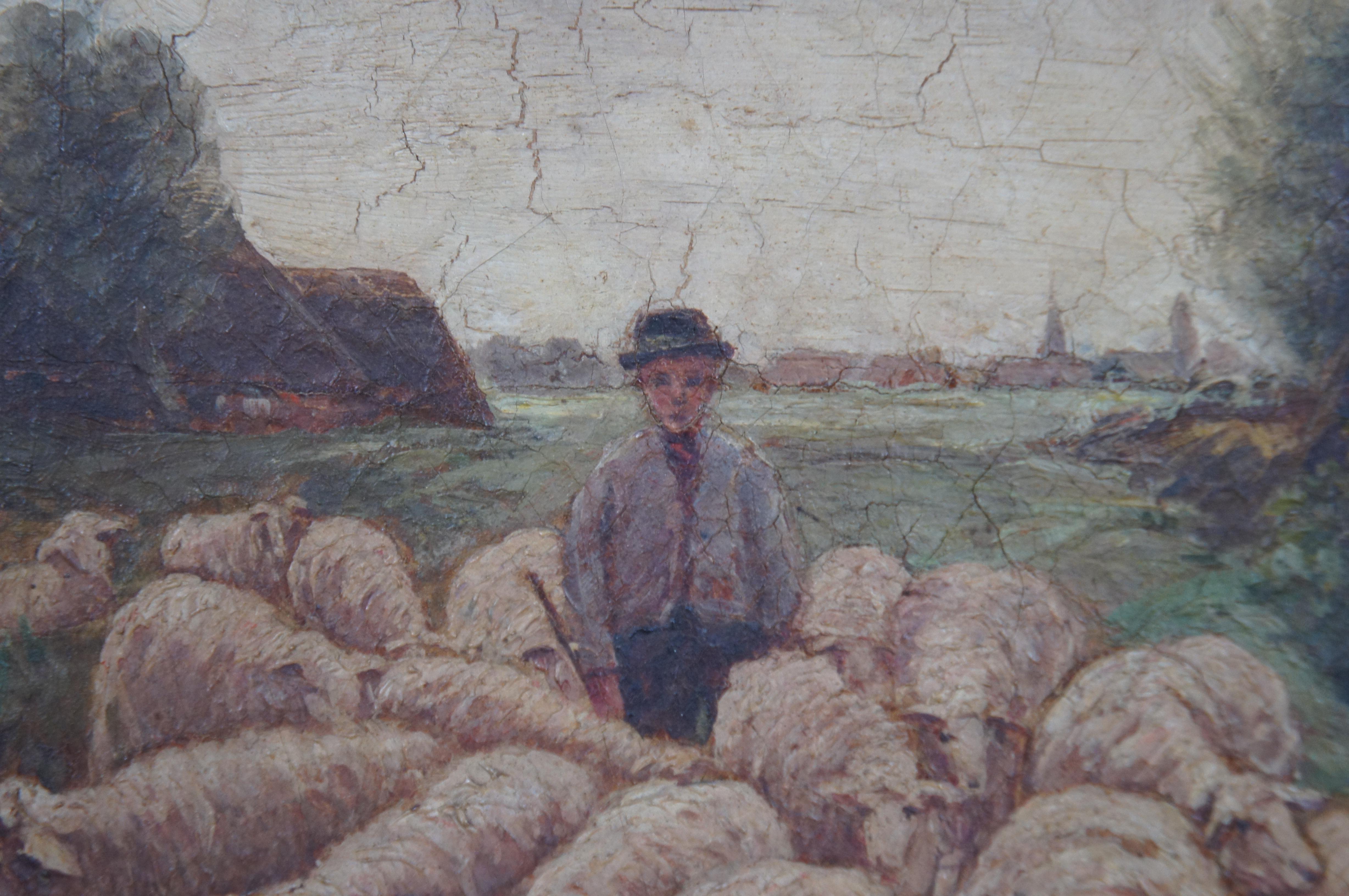 19th Century Antique European Victorian Sheep Drover Pastoral Oil Landscape Painting 38