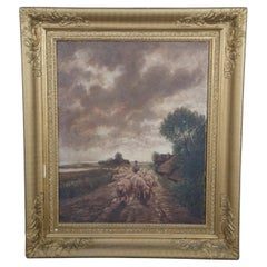 Antique European Victorian Sheep Drover Pastoral Oil Landscape Painting 38"