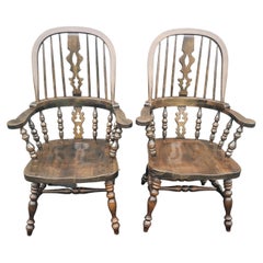 Antique European Walnut High Back Windsor Armchairs, circa 1940s - a Pair