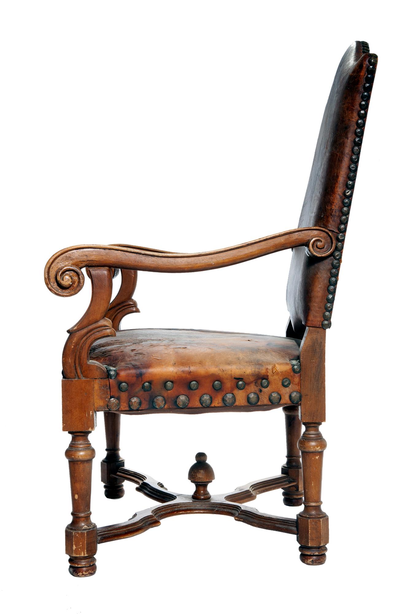 Baroque Revival Antique European Wood & Leather Chair W/ Nailhead Detail For Sale