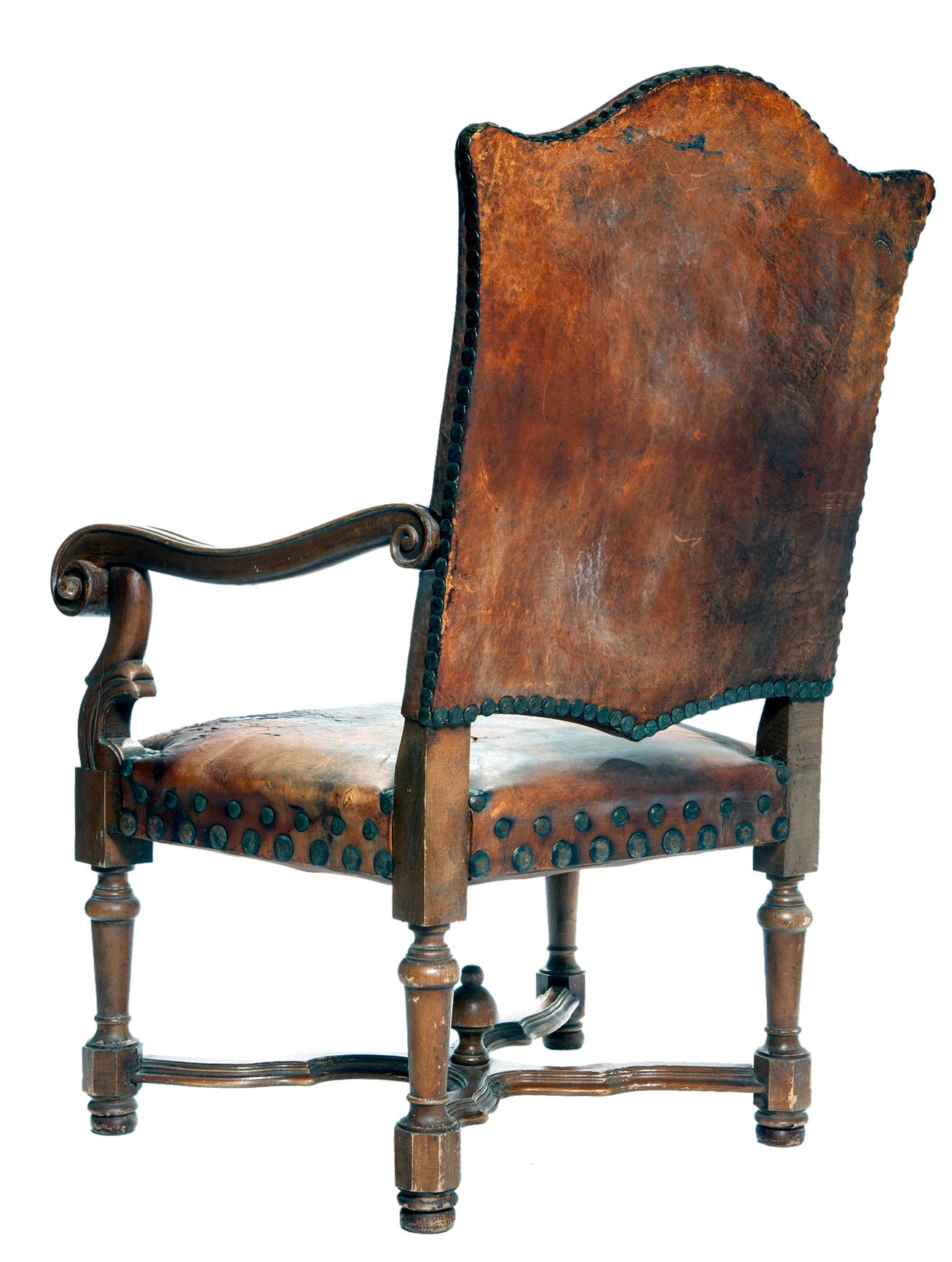 French Antique European Wood & Leather Chair W/ Nailhead Detail For Sale