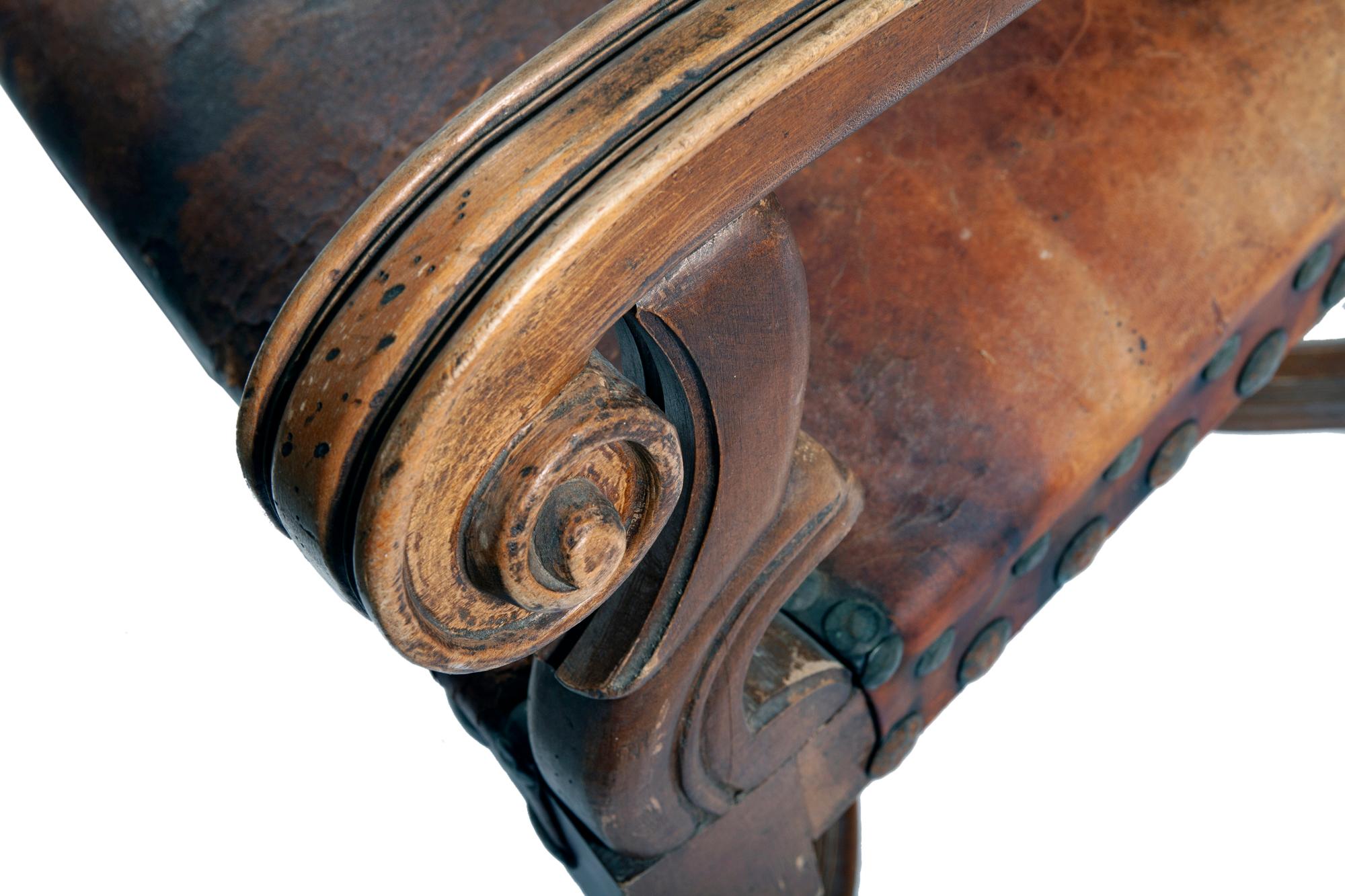 Antique European Wood & Leather Chair W/ Nailhead Detail For Sale 1