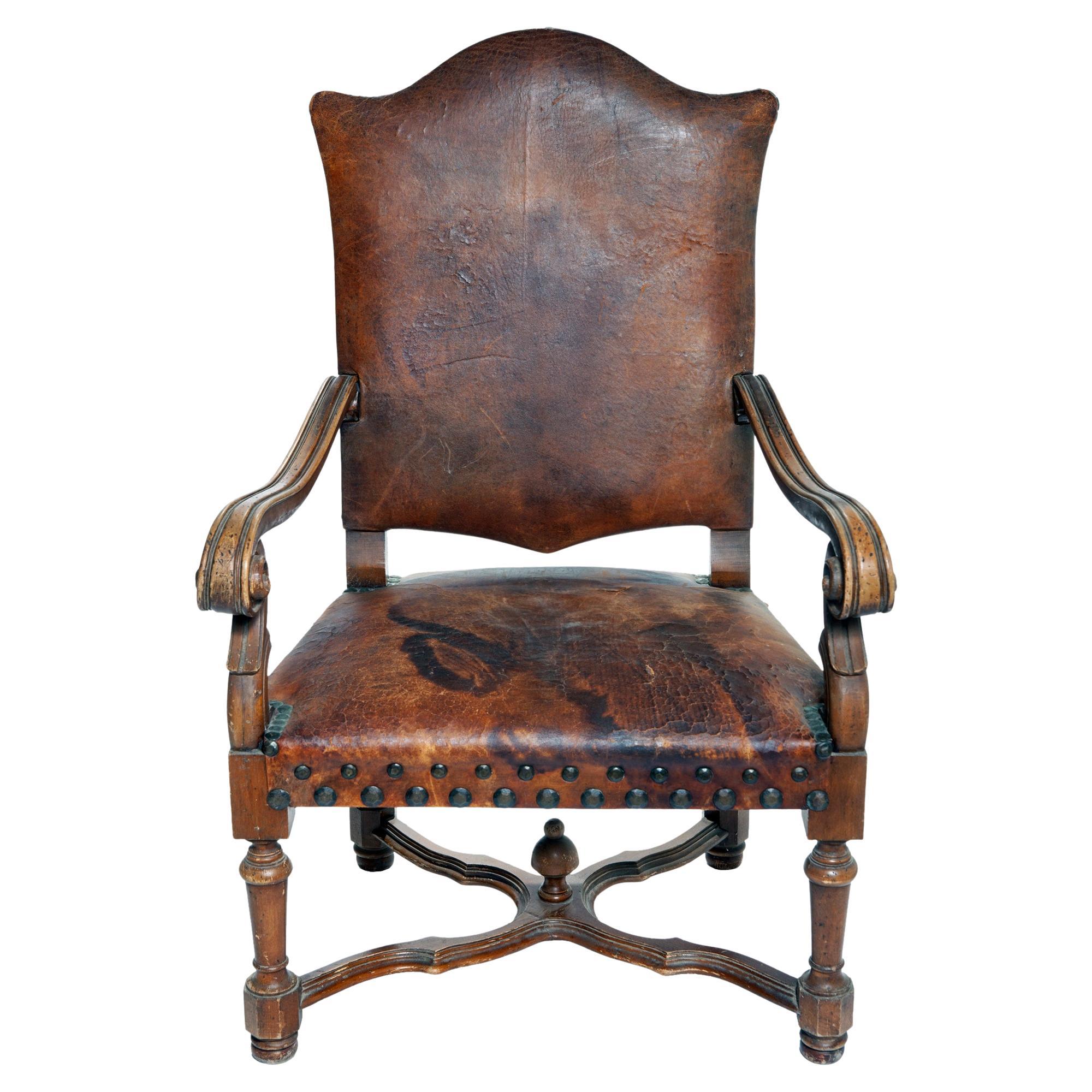 Antique European Wood & Leather Chair W/ Nailhead Detail For Sale