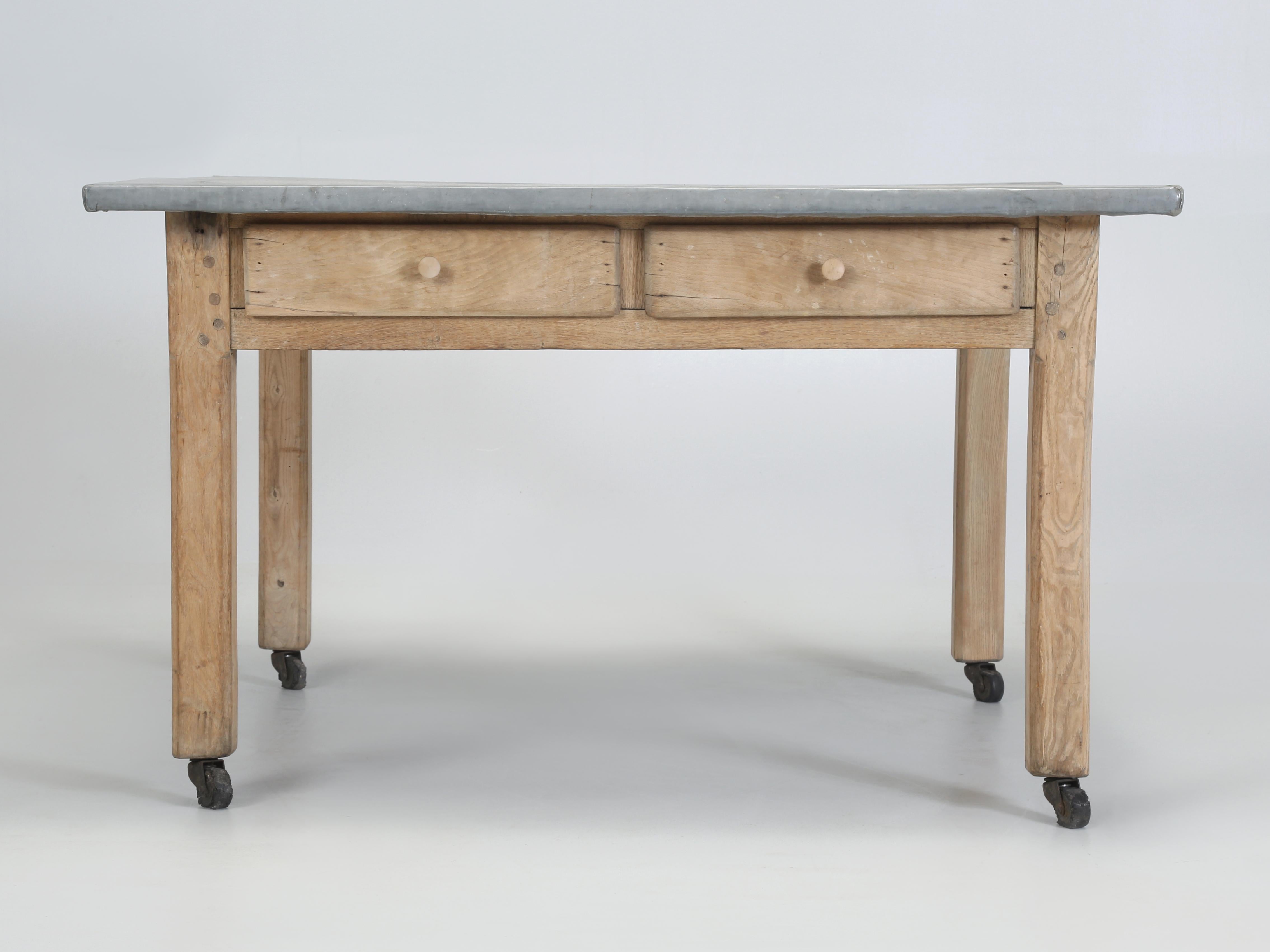 Early 20th Century Antique European Work Table, Garden or Kitchen Table with Old Zinc Top 1920's For Sale