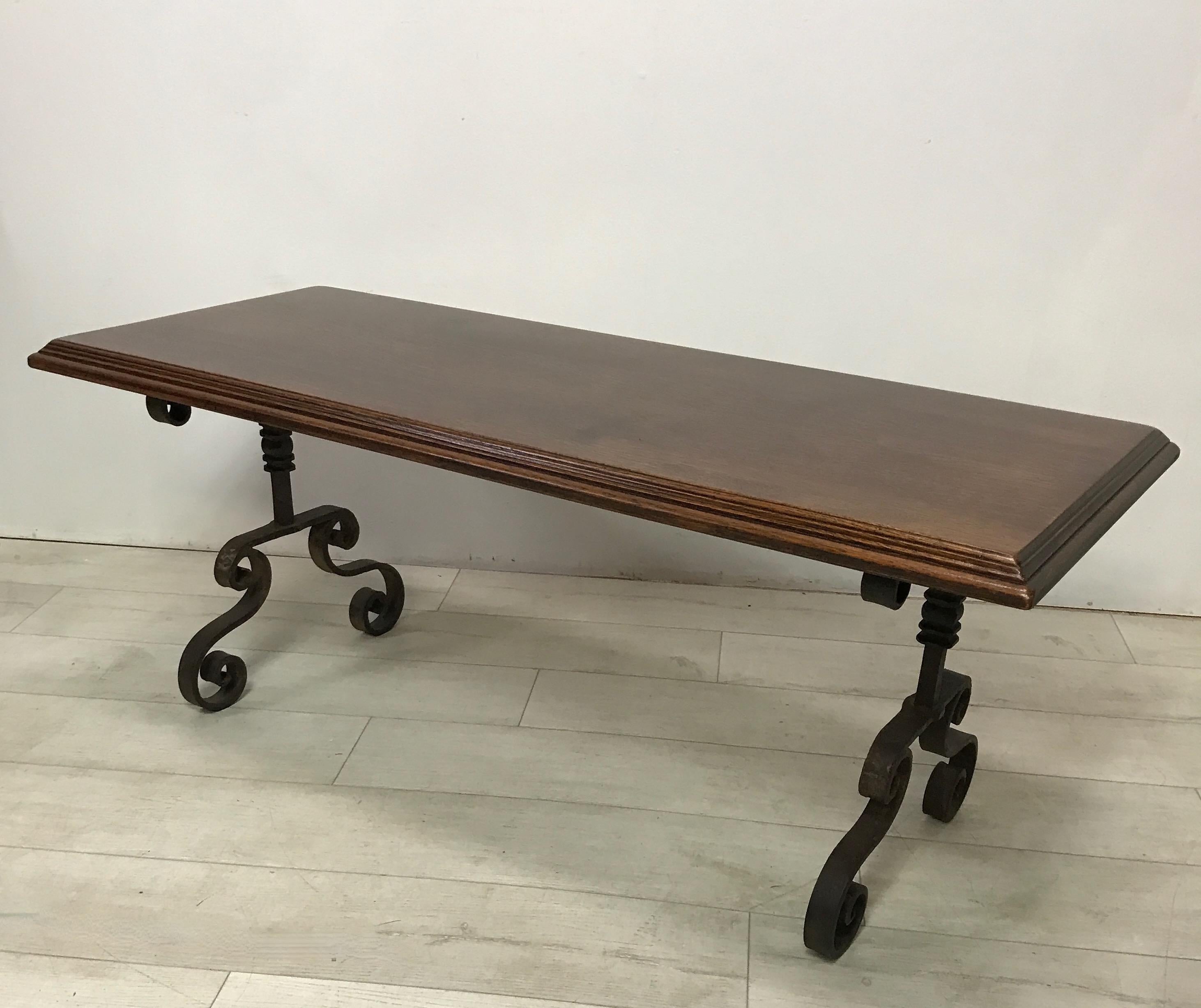 Rustic Antique European Wrought Iron and Oak Coffee Table / Bench