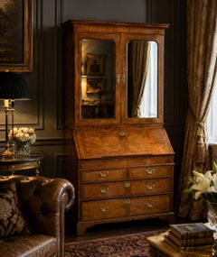 Antique Exceptional 18th Century George I Figured Walnut Bureau Bookcase