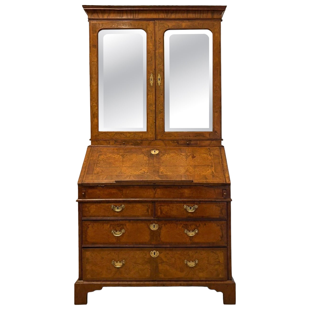 Antique Exceptional 18th Century George I Figured Walnut Bureau Bookcase