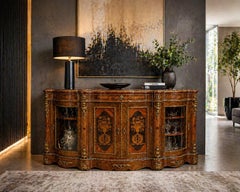Antique Exceptional 4 Door Serpentine Marquetry Credenza Exhibition Quality