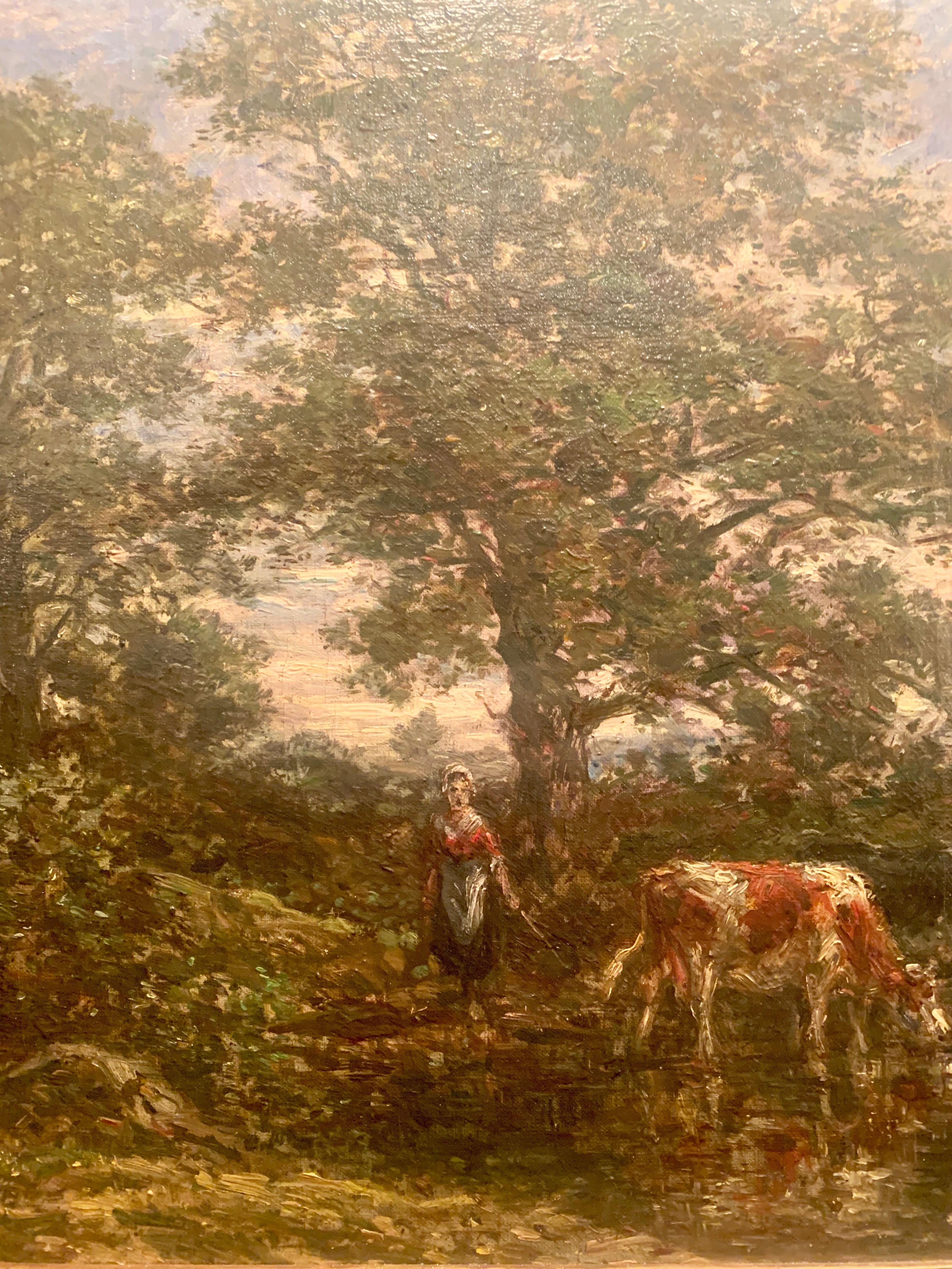 Dutch Antique 19th Century Belgian Landscape Oil on Canvas Painting By Jan Lokhorst For Sale