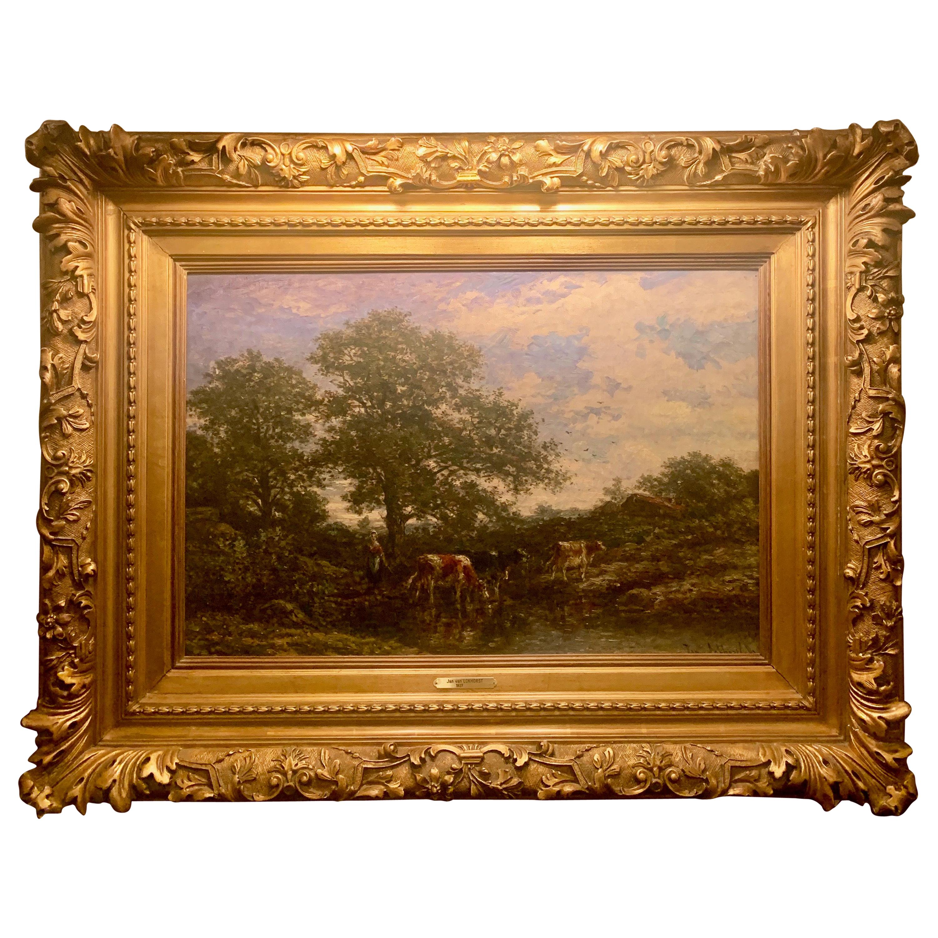 Antique 19th Century Belgian Landscape Oil on Canvas Painting By Jan Lokhorst