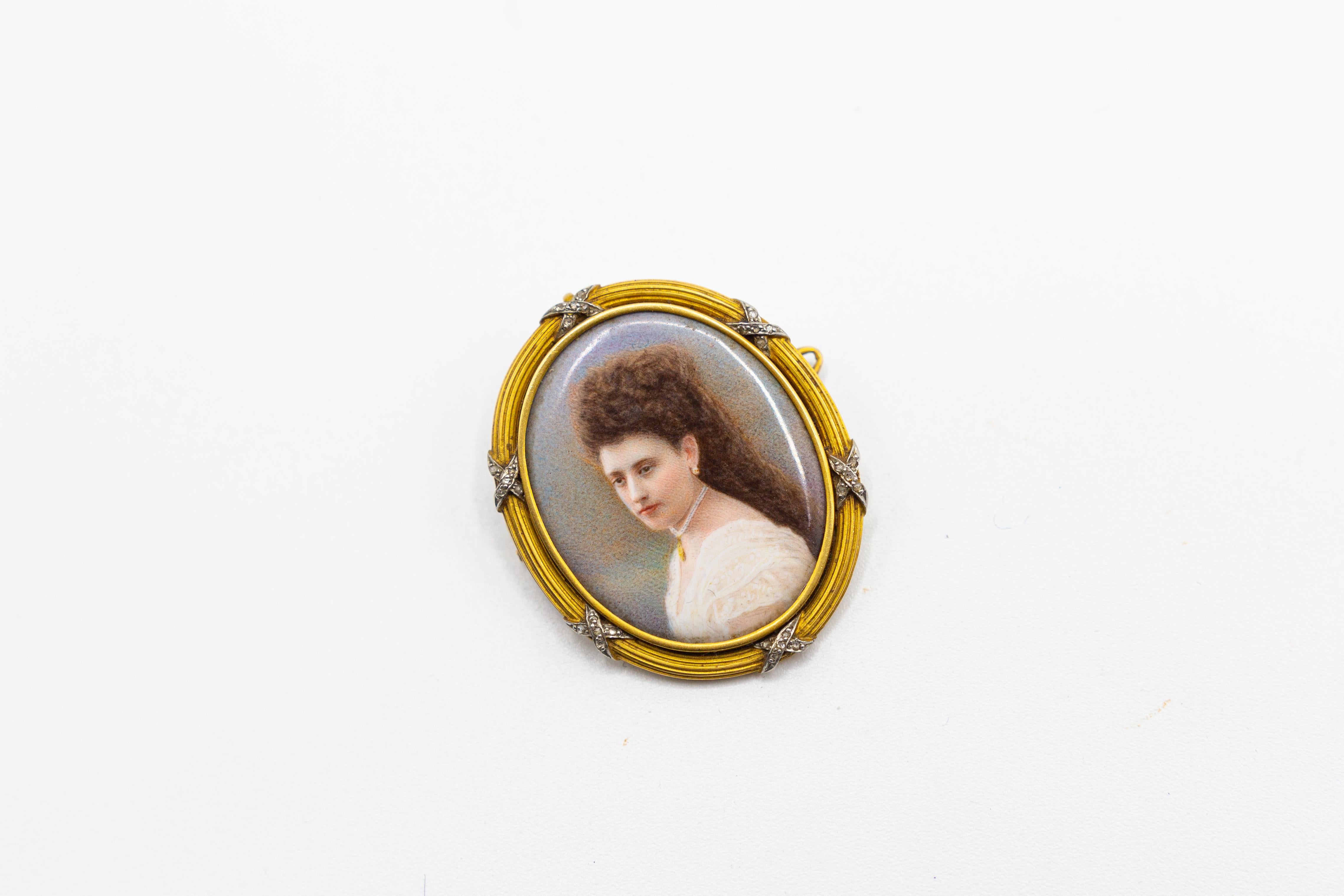 Oval Cut Antique Exceptional High Quality Miniature Portrait Painting Brooch For Sale