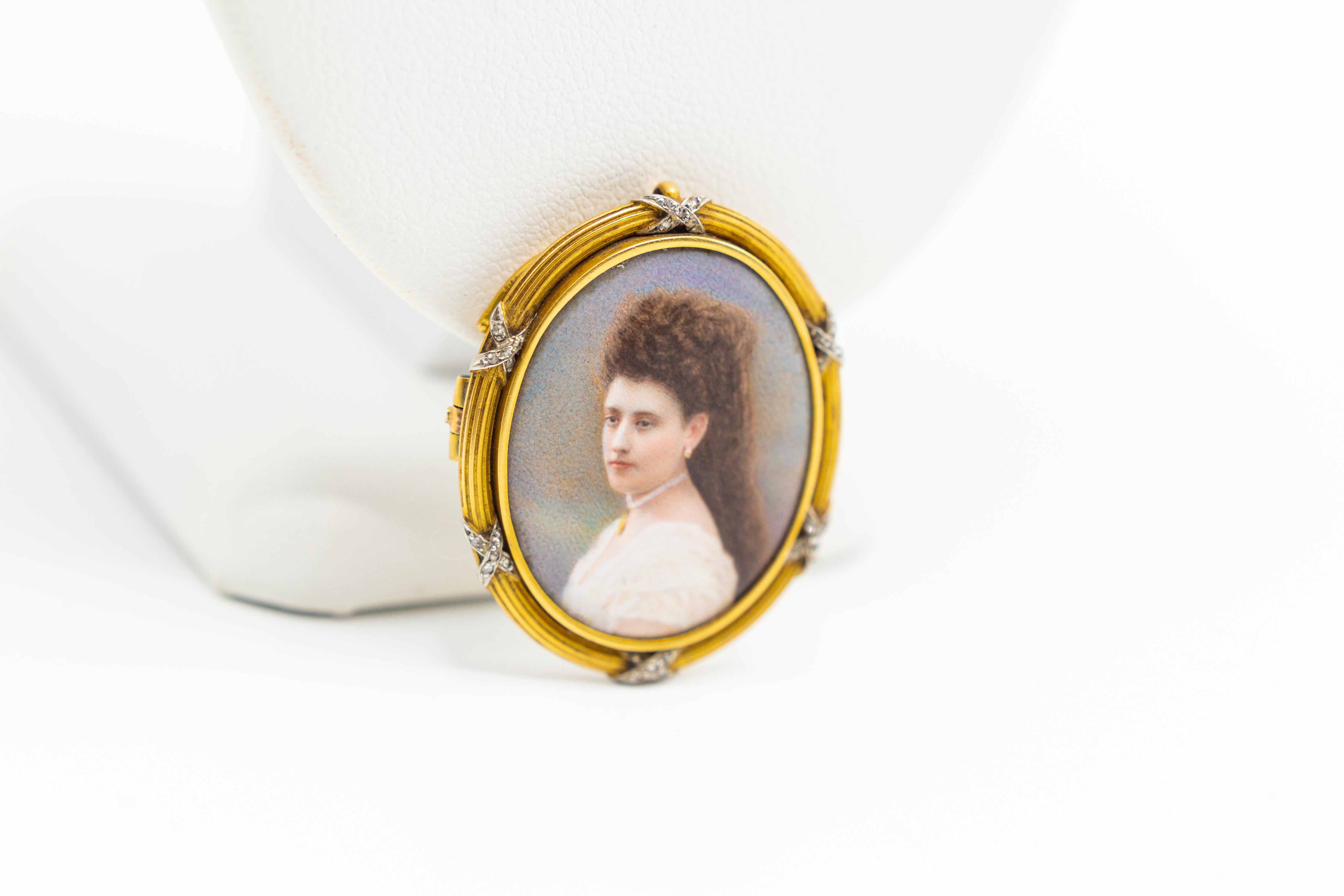 Antique Exceptional High Quality Miniature Portrait Painting Brooch In Good Condition For Sale In Houston, TX