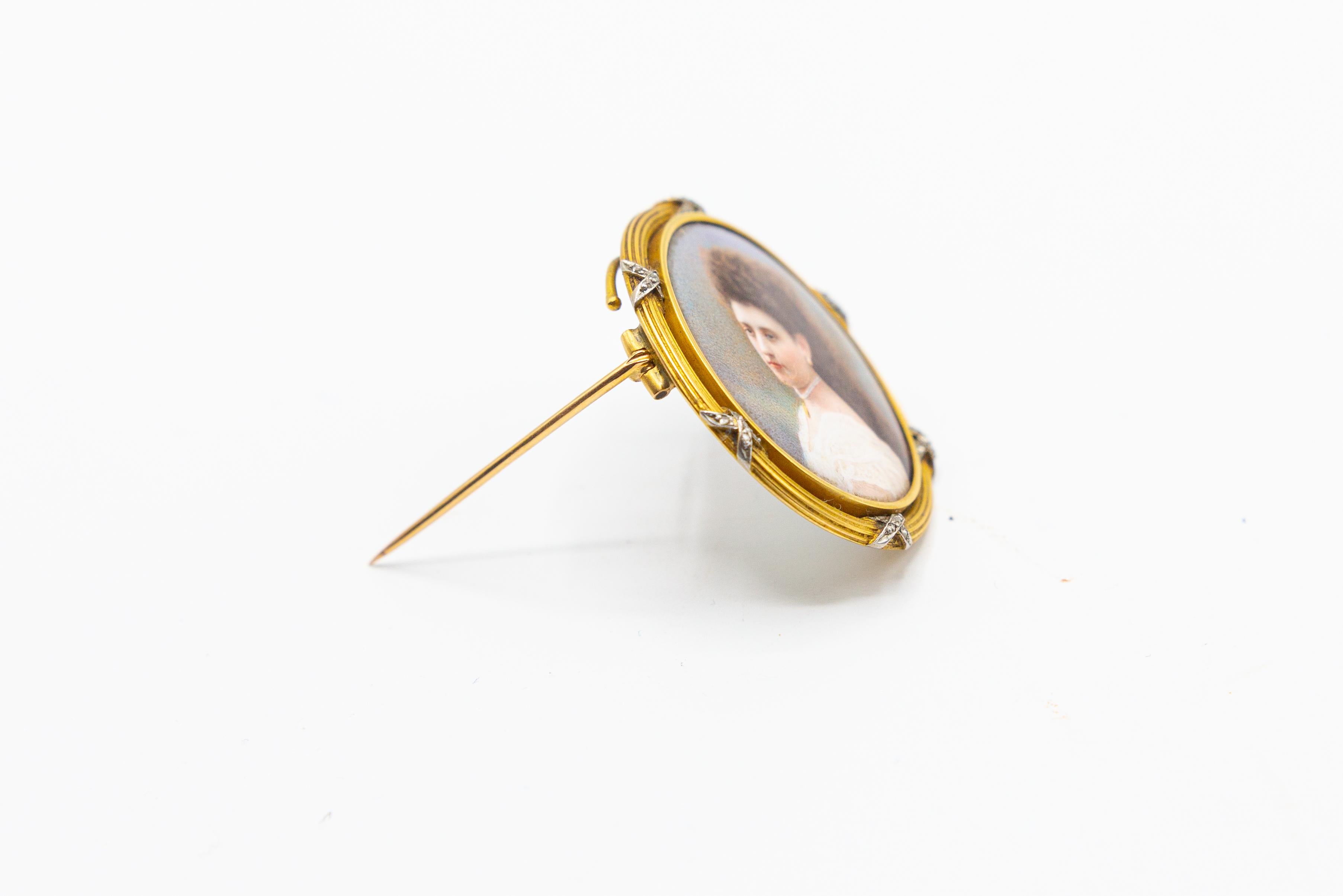 Women's or Men's Antique Exceptional High Quality Miniature Portrait Painting Brooch For Sale