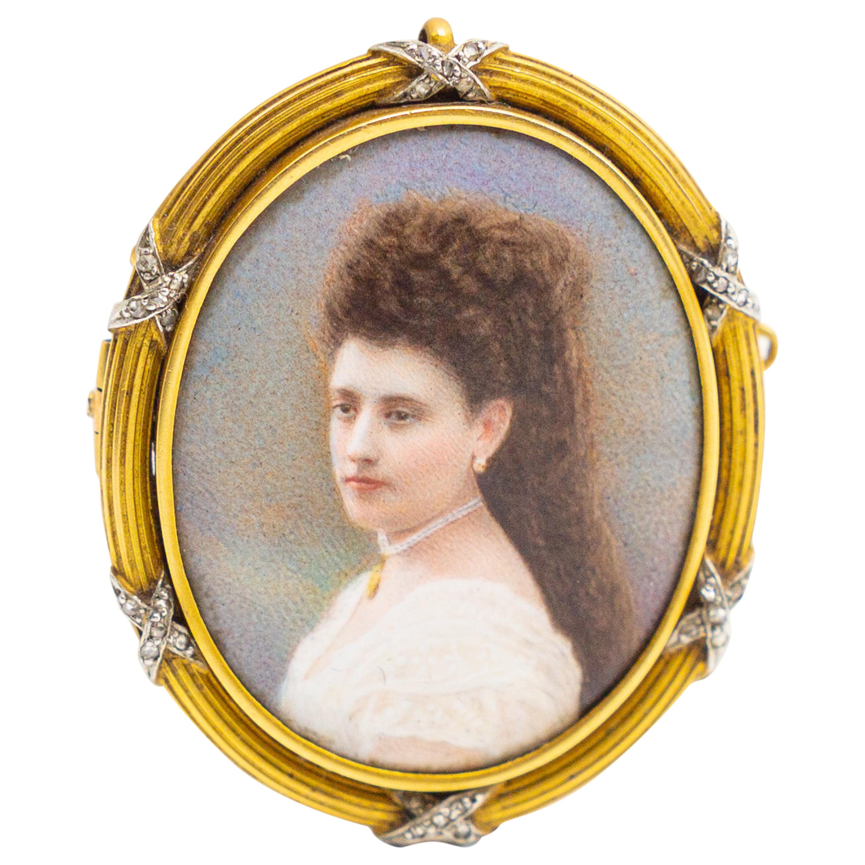 Antique Exceptional High Quality Miniature Portrait Painting Brooch For Sale