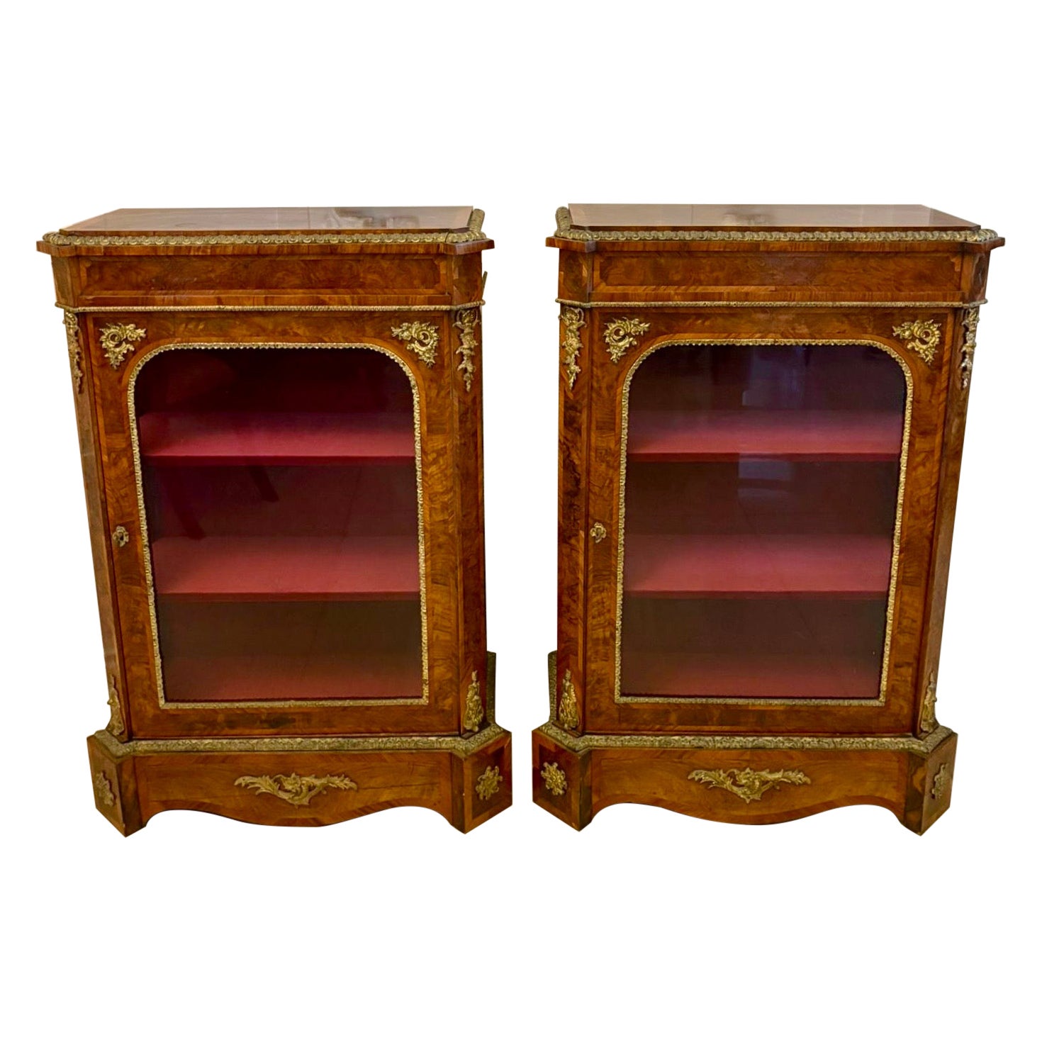 Antique Exceptional Pair of Victorian Burr Walnut Pier Cabinets For Sale