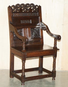 ANTiQUE EXCEPTIONALLY RARE 1677 DATED JOHN HALL ARMCHAIR NORTHERN ENGLAND OAK
