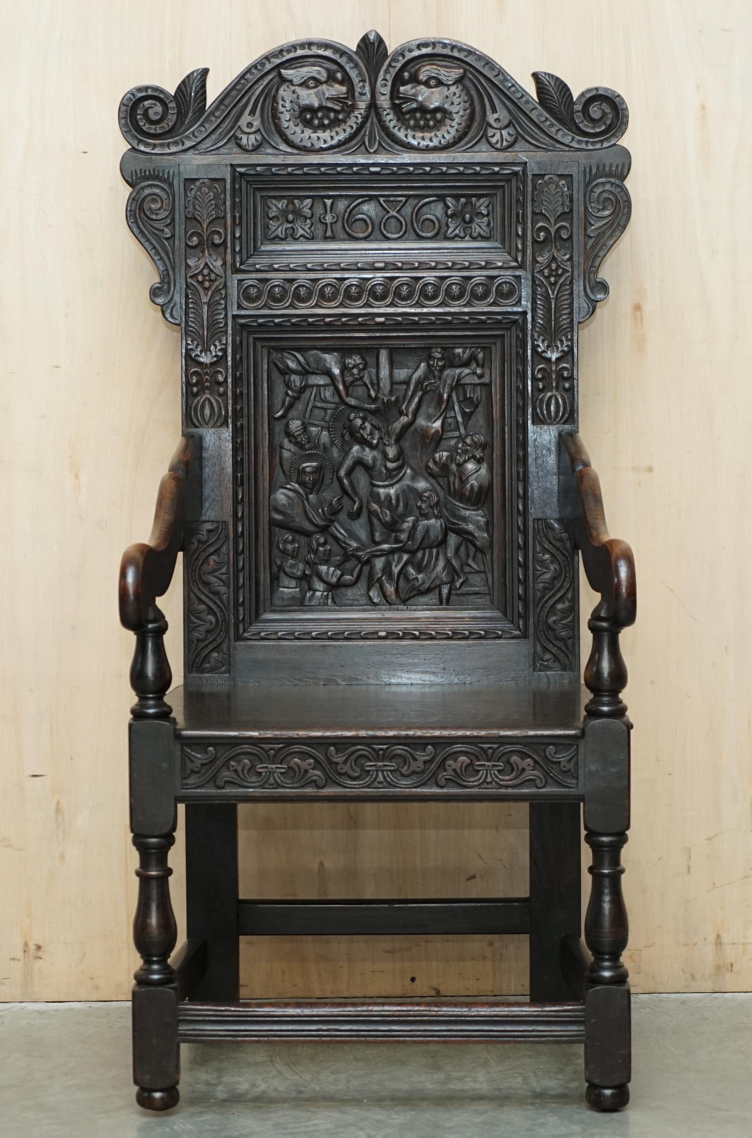 Georgian Antique Exceptionally Rare 1686 Dated Wainscot Armchair Northern England Oak For Sale