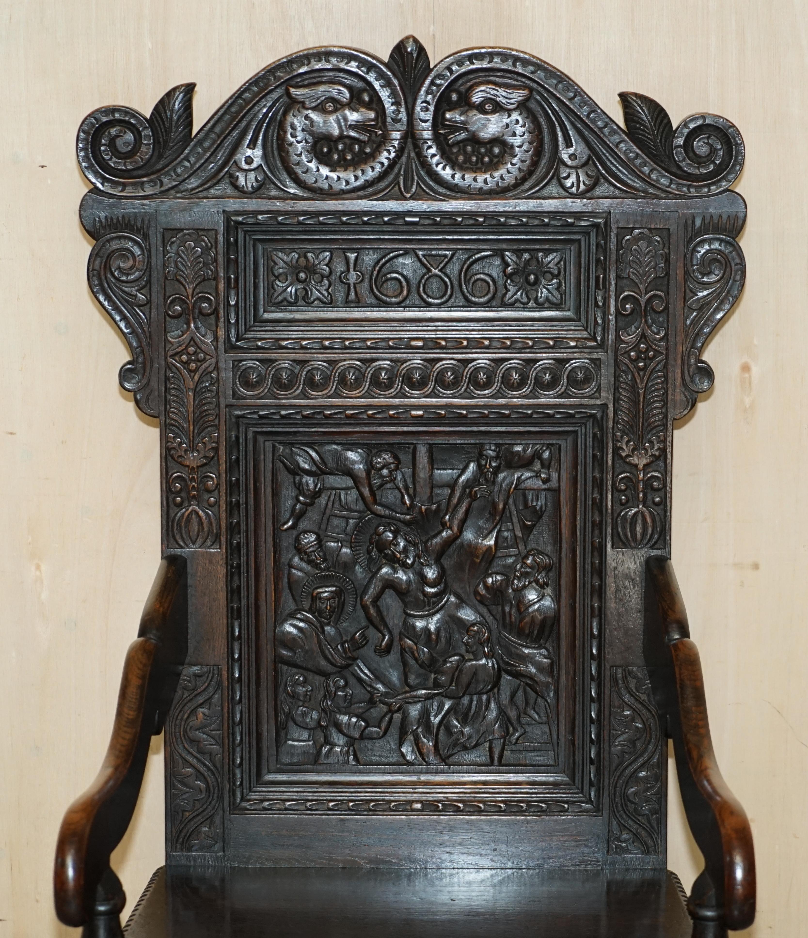 English Antique Exceptionally Rare 1686 Dated Wainscot Armchair Northern England Oak For Sale