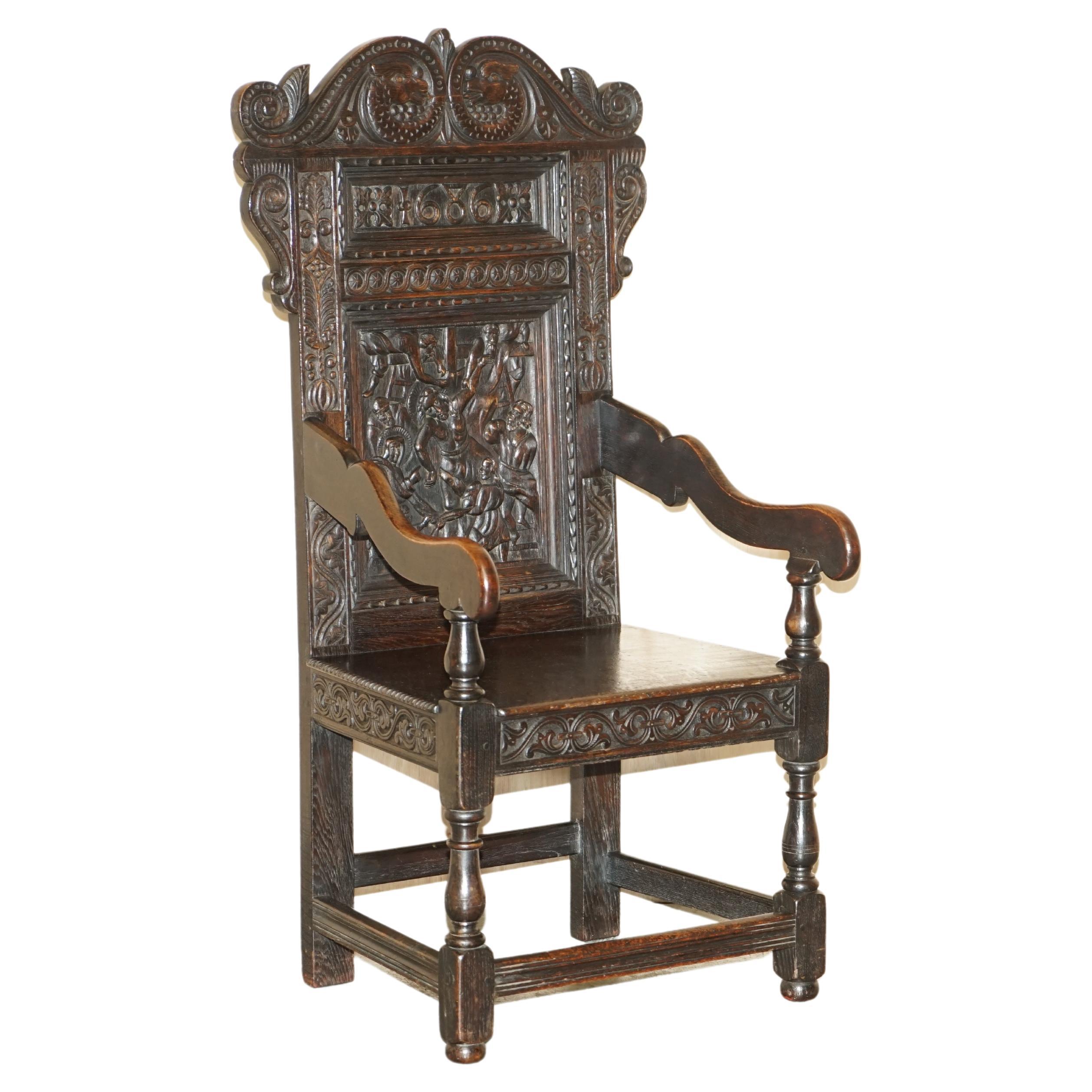 Fauteuil Wainscot ancien exceptionnellement rare daté de 1686 en chêne d'Angleterre du Nord en vente