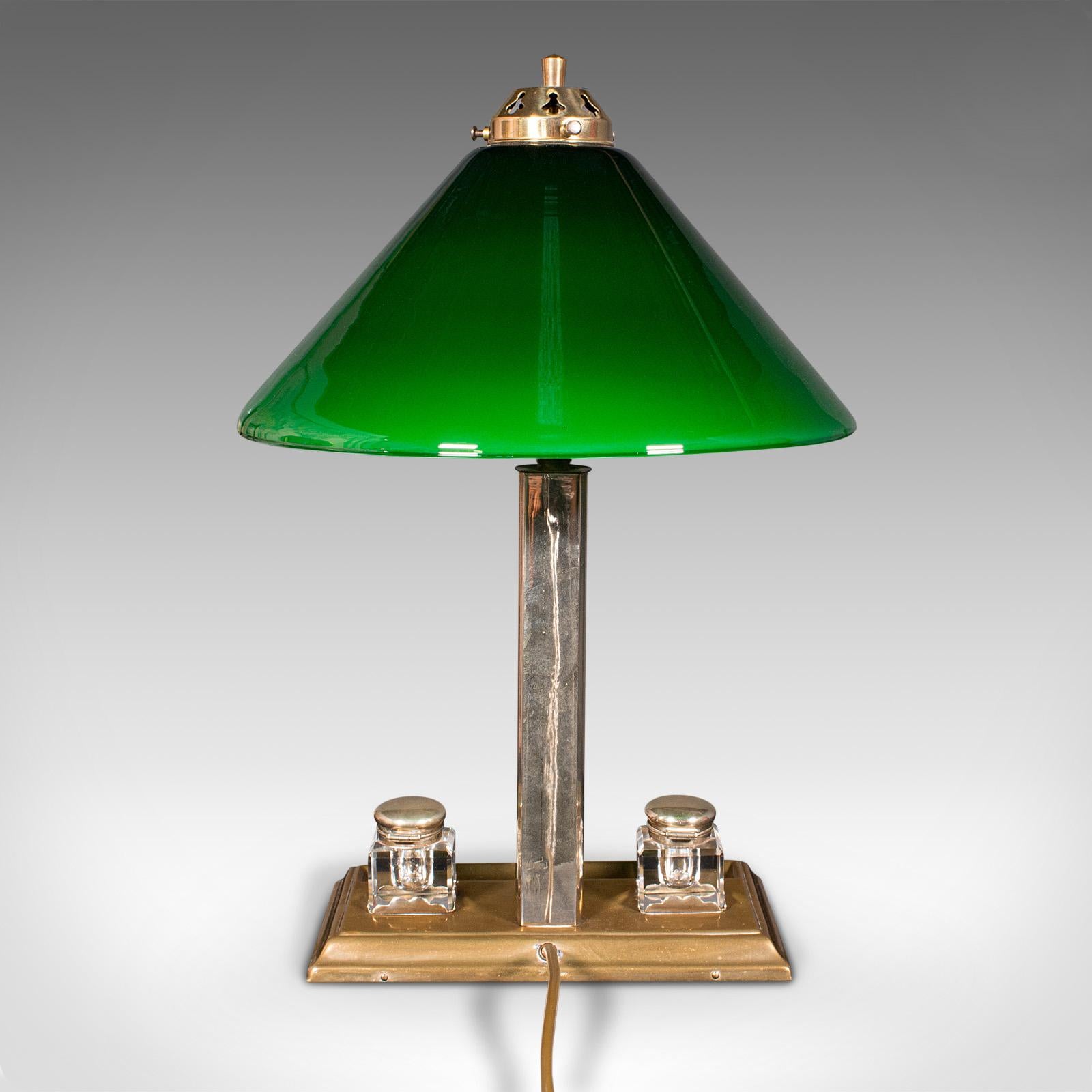British Antique Executive Desk Lamp, English, Brass, Glass, Table Light, Edwardian, 1910