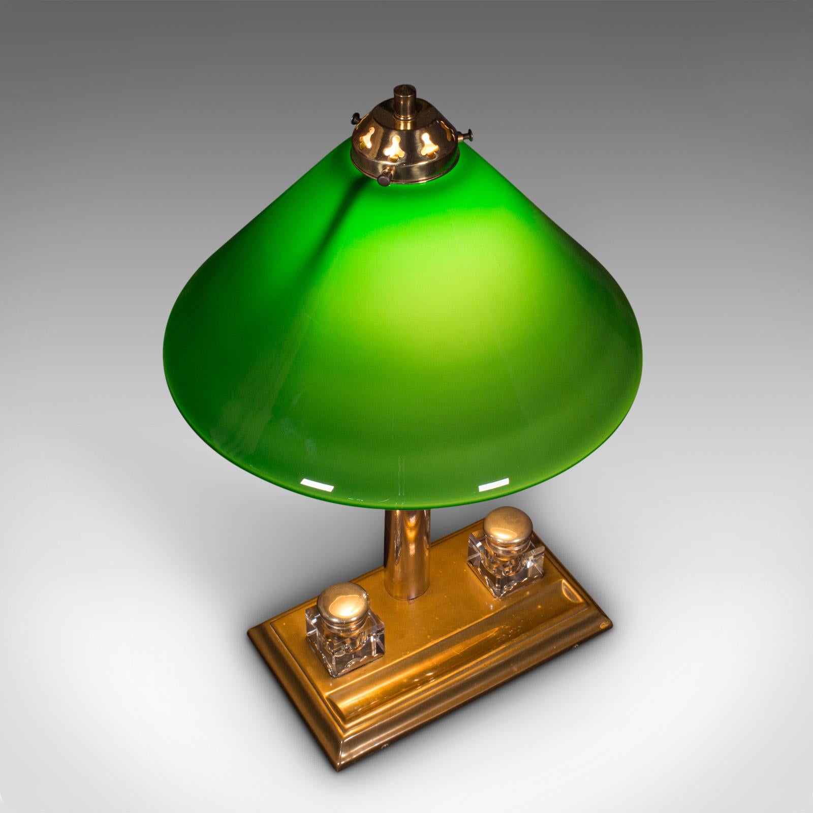 20th Century Antique Executive Desk Lamp, English, Brass, Glass, Table Light, Edwardian, 1910