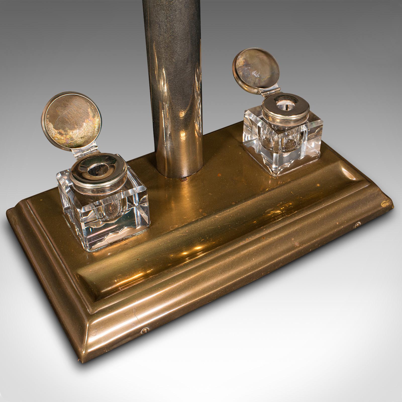 Antique Executive Desk Lamp, English, Brass, Glass, Table Light, Edwardian, 1910 1